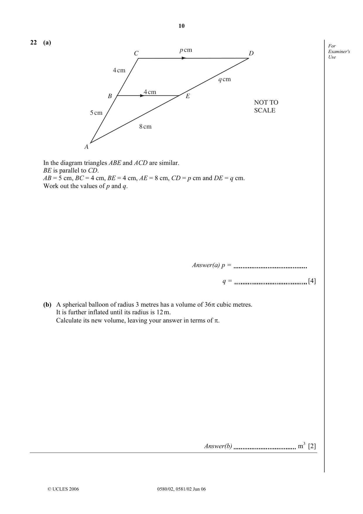 Cambridge IGCSE Mathematics (with coursework) 0581 2006 May/June Paper 2 · Variant 1 question paper, page 10 of 12