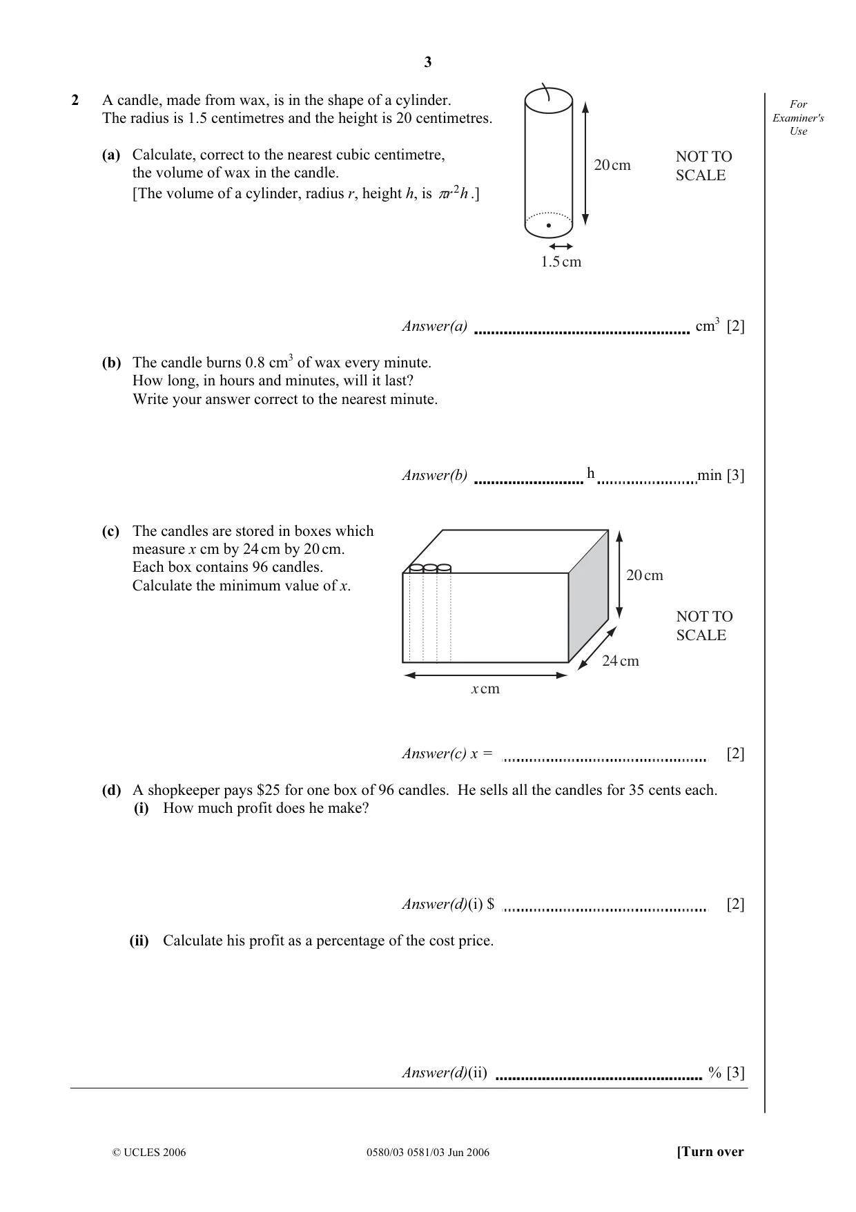 Cambridge IGCSE Mathematics (with coursework) 0581 2006 May/June Paper 3 · Variant 1 question paper, page 3 of 12