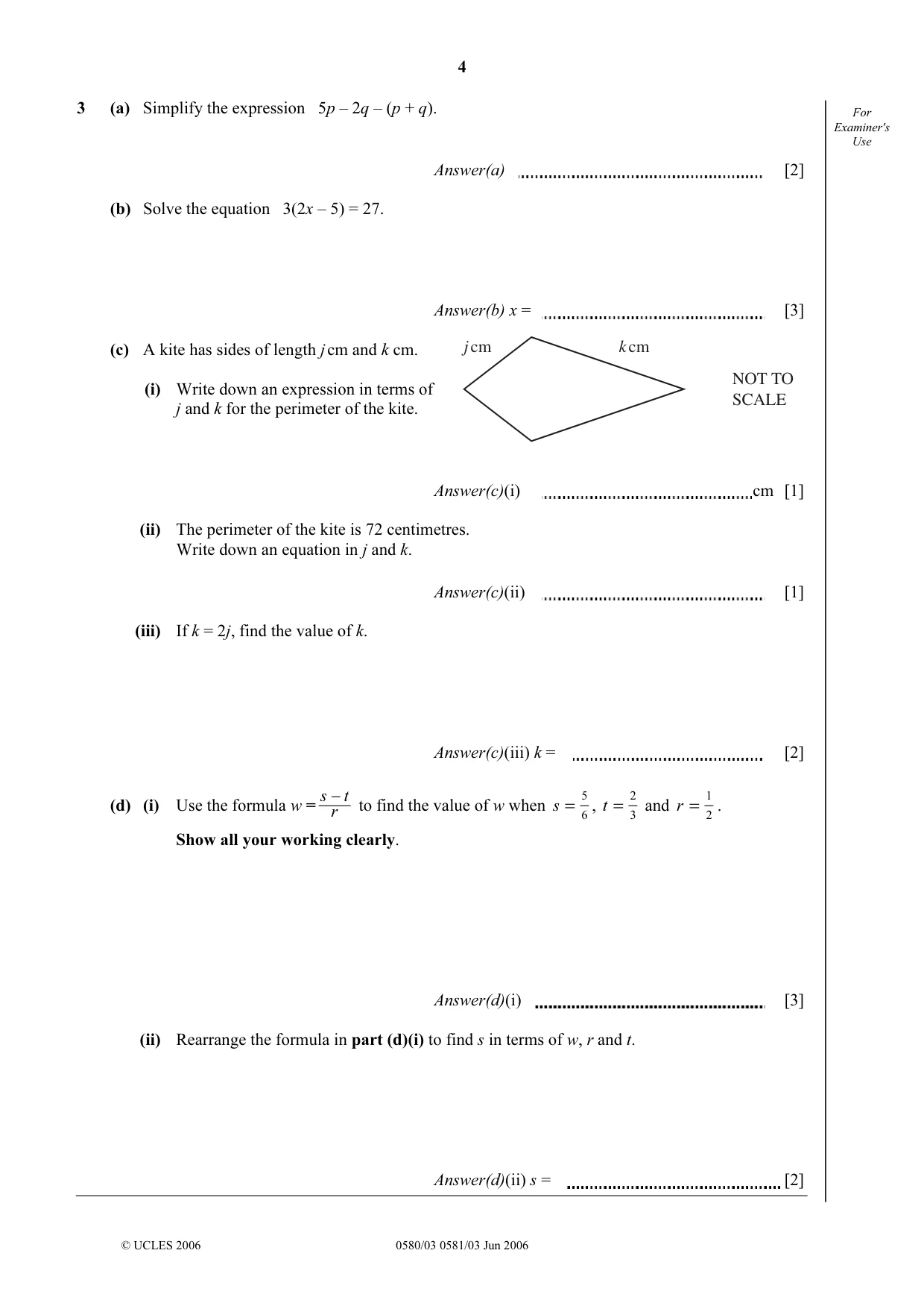 Cambridge IGCSE Mathematics (with coursework) 0581 2006 May/June Paper 3 · Variant 1 question paper, page 4 of 12