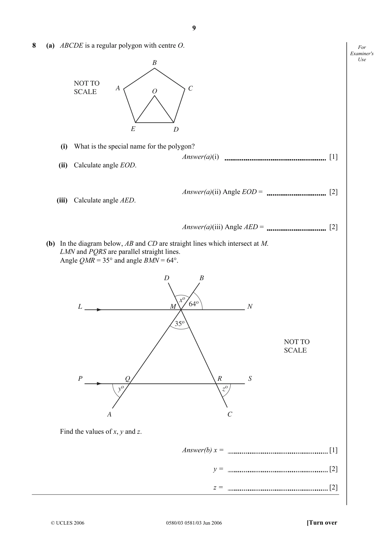Cambridge IGCSE Mathematics (with coursework) 0581 2006 May/June Paper 3 · Variant 1 question paper, page 9 of 12