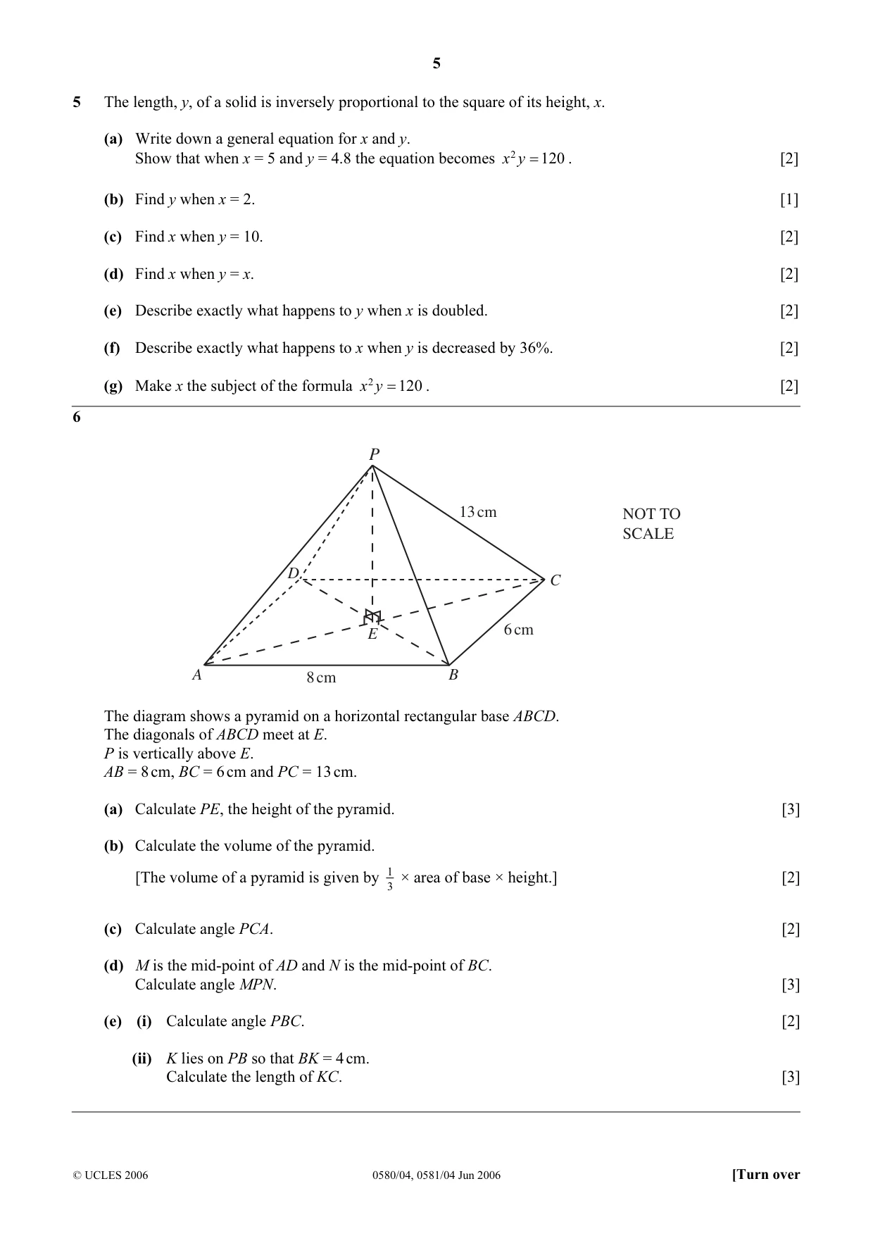 Cambridge IGCSE Mathematics (with coursework) 0581 2006 May/June Paper 4 · Variant 1 question paper, page 5 of 8