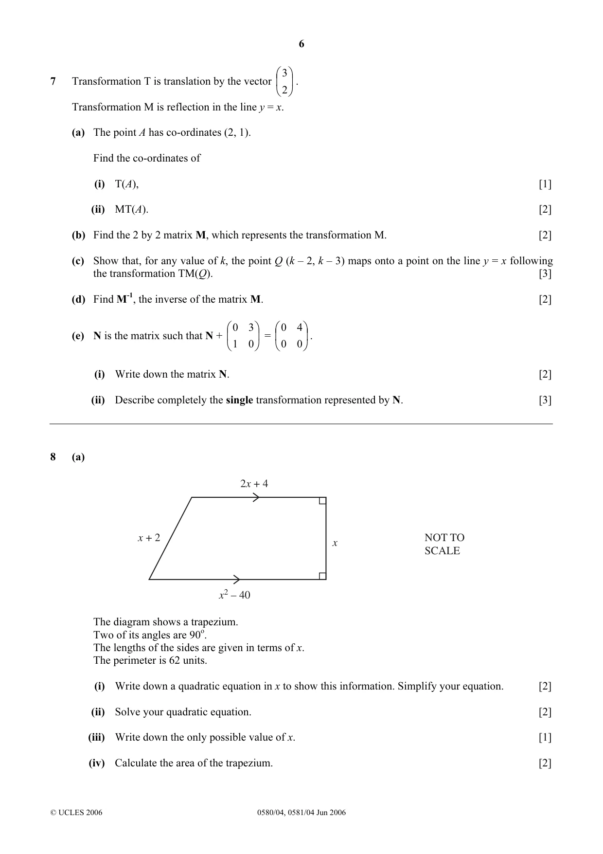 Cambridge IGCSE Mathematics (with coursework) 0581 2006 May/June Paper 4 · Variant 1 question paper, page 6 of 8