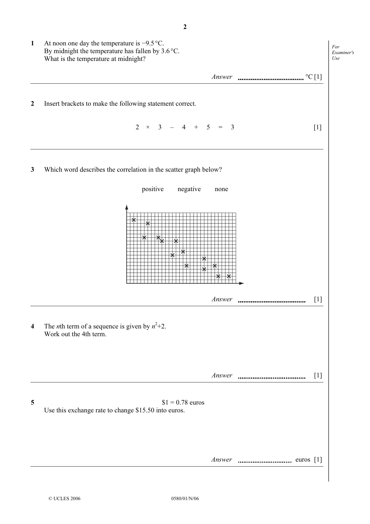 Cambridge IGCSE Mathematics (with coursework) 0581 2006 Oct/Nov Paper 1 · Variant 1 question paper, page 2 of 8