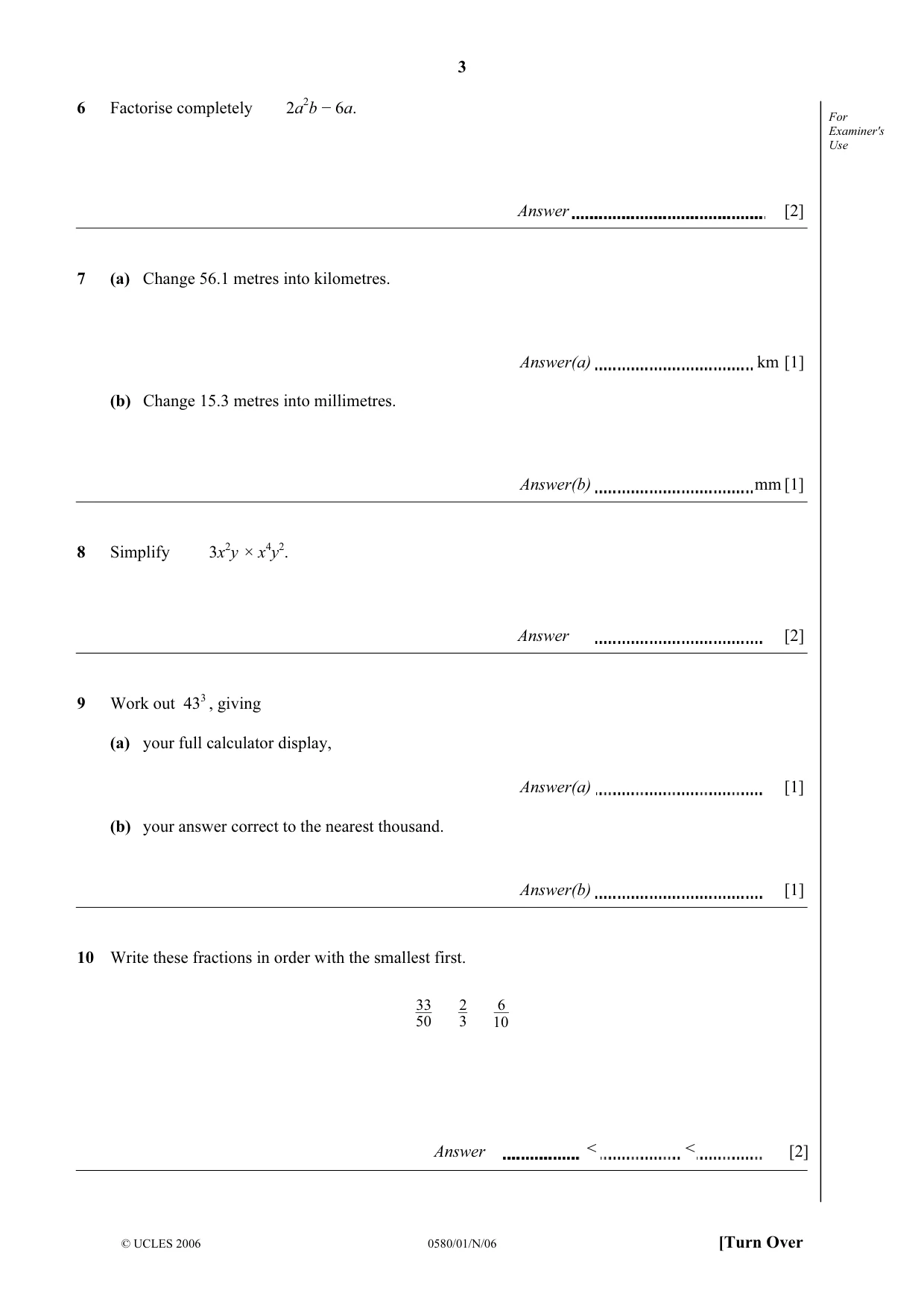 Cambridge IGCSE Mathematics (with coursework) 0581 2006 Oct/Nov Paper 1 · Variant 1 question paper, page 3 of 8