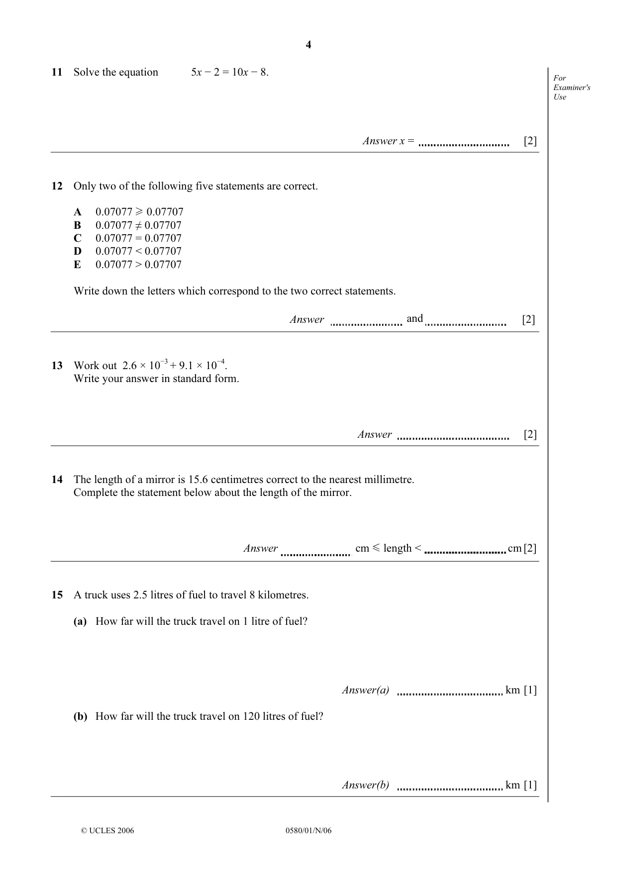 Cambridge IGCSE Mathematics (with coursework) 0581 2006 Oct/Nov Paper 1 · Variant 1 question paper, page 4 of 8