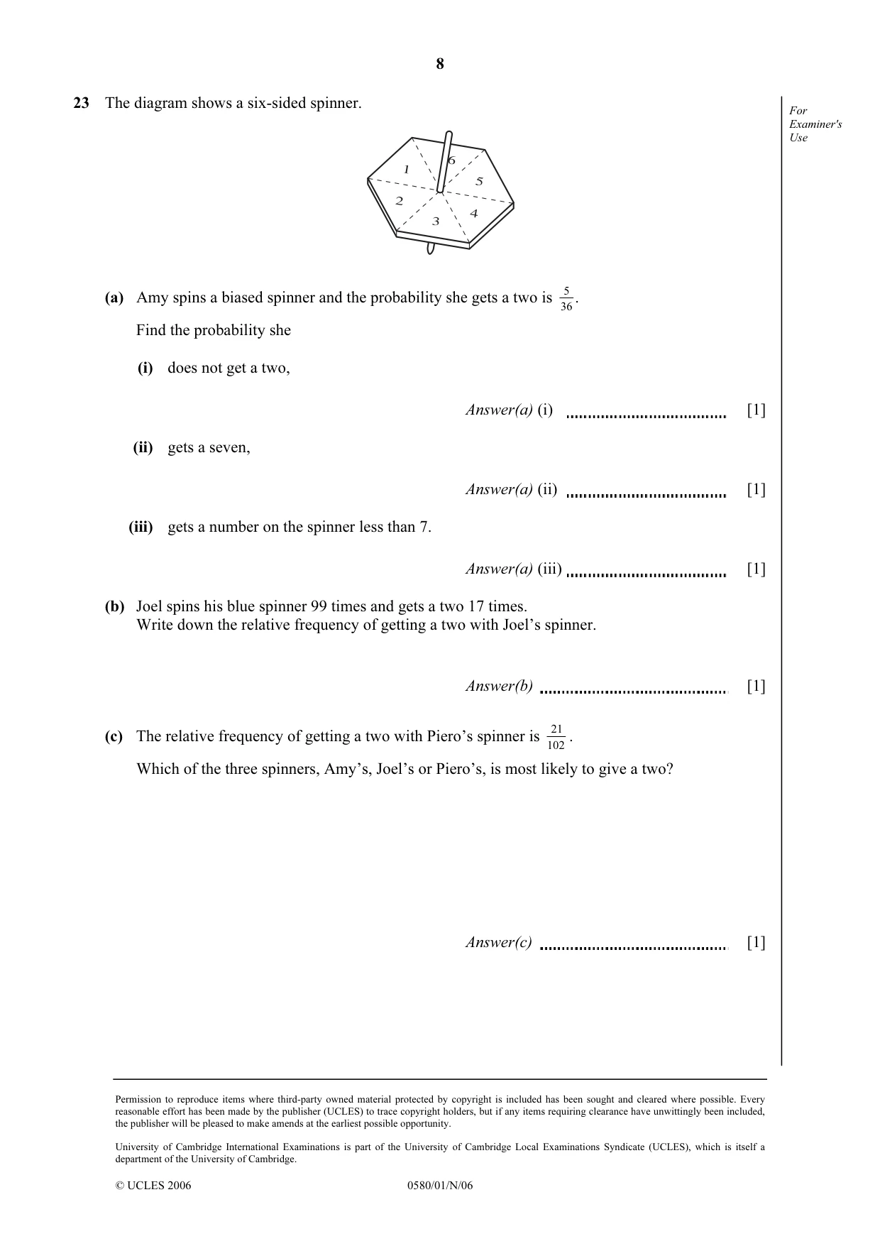 Cambridge IGCSE Mathematics (with coursework) 0581 2006 Oct/Nov Paper 1 · Variant 1 question paper, page 8 of 8