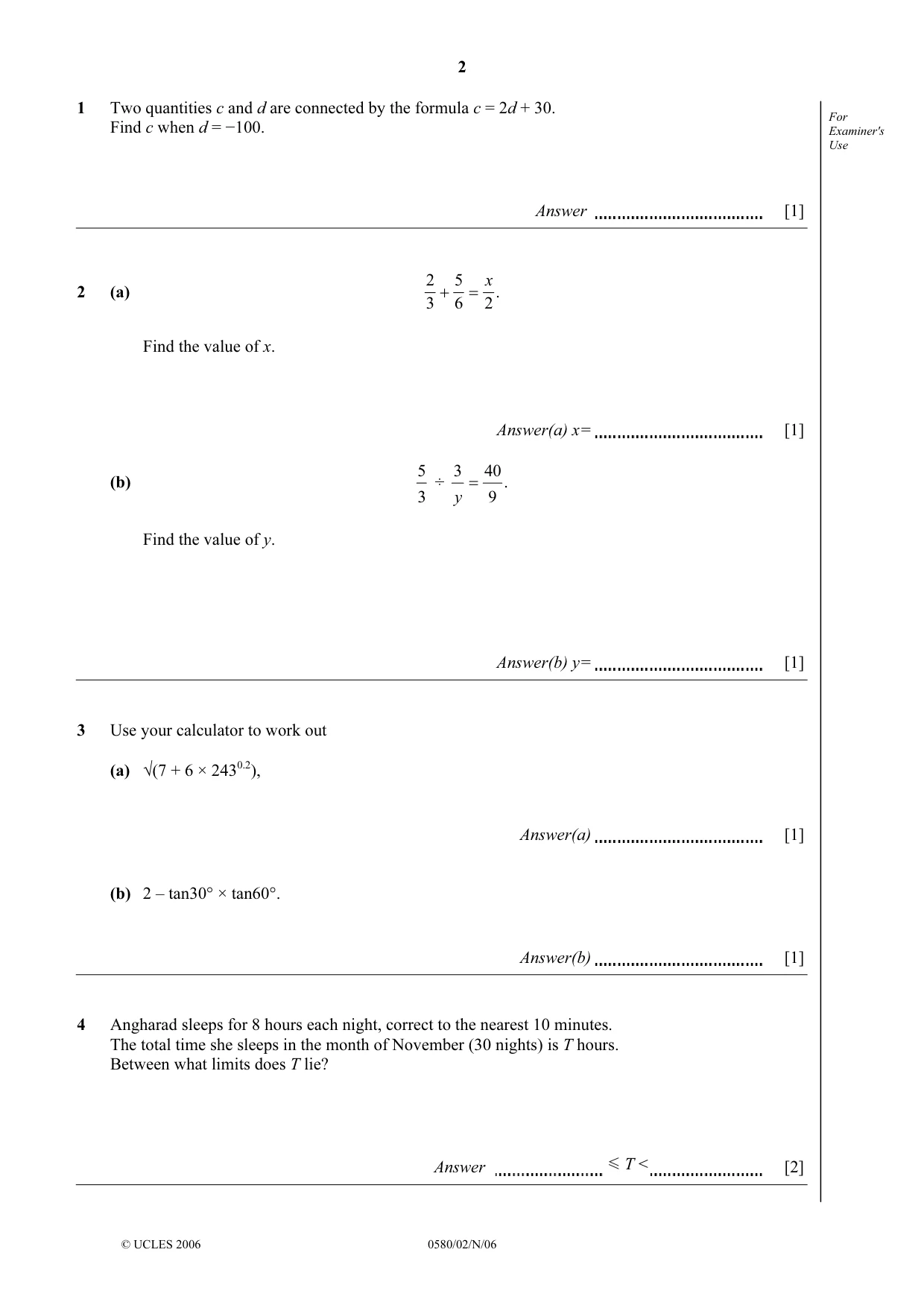 Cambridge IGCSE Mathematics (with coursework) 0581 2006 Oct/Nov Paper 2 · Variant 1 question paper, page 2 of 12