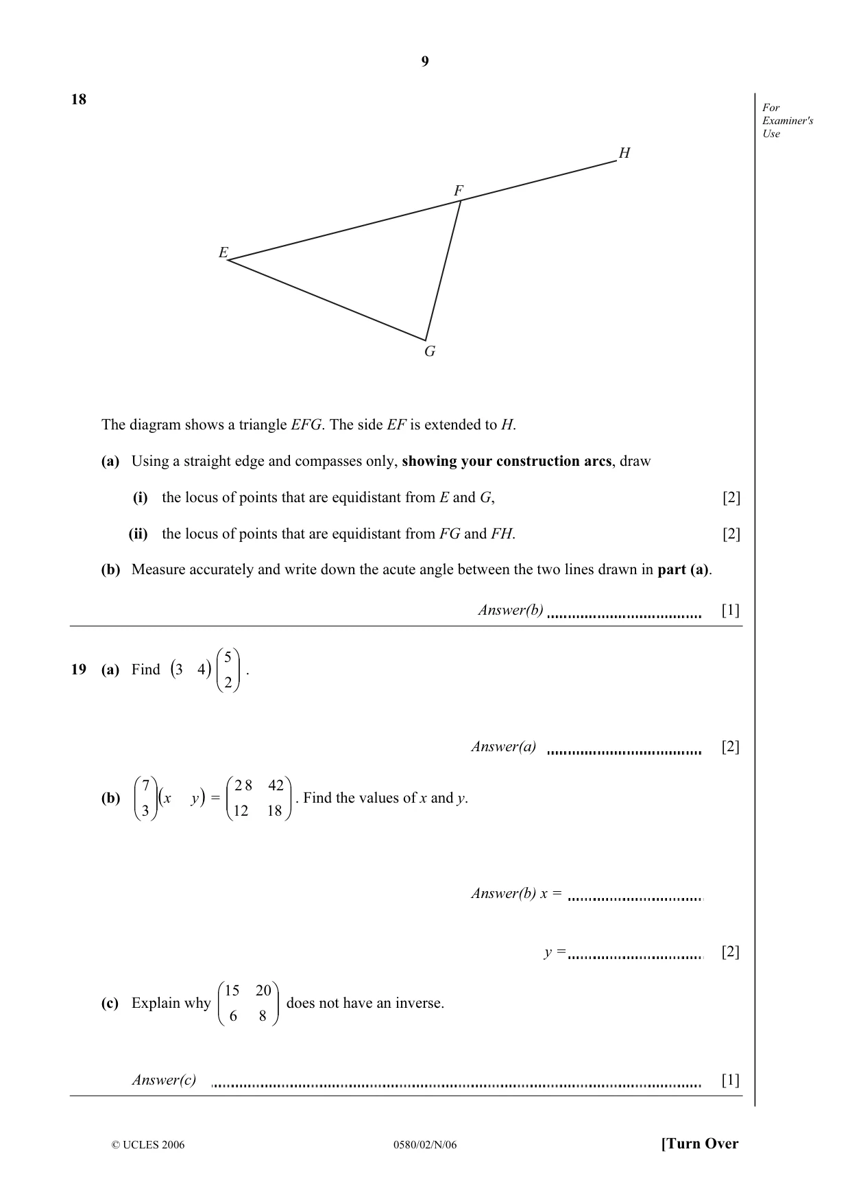 Cambridge IGCSE Mathematics (with coursework) 0581 2006 Oct/Nov Paper 2 · Variant 1 question paper, page 9 of 12
