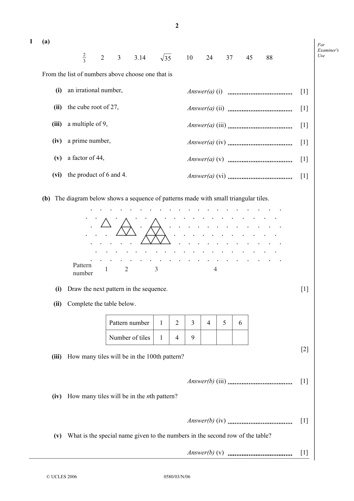 Cambridge IGCSE Mathematics (with coursework) 0581 2006 Oct/Nov Paper 3 · Variant 1 question paper, page 2 of 16