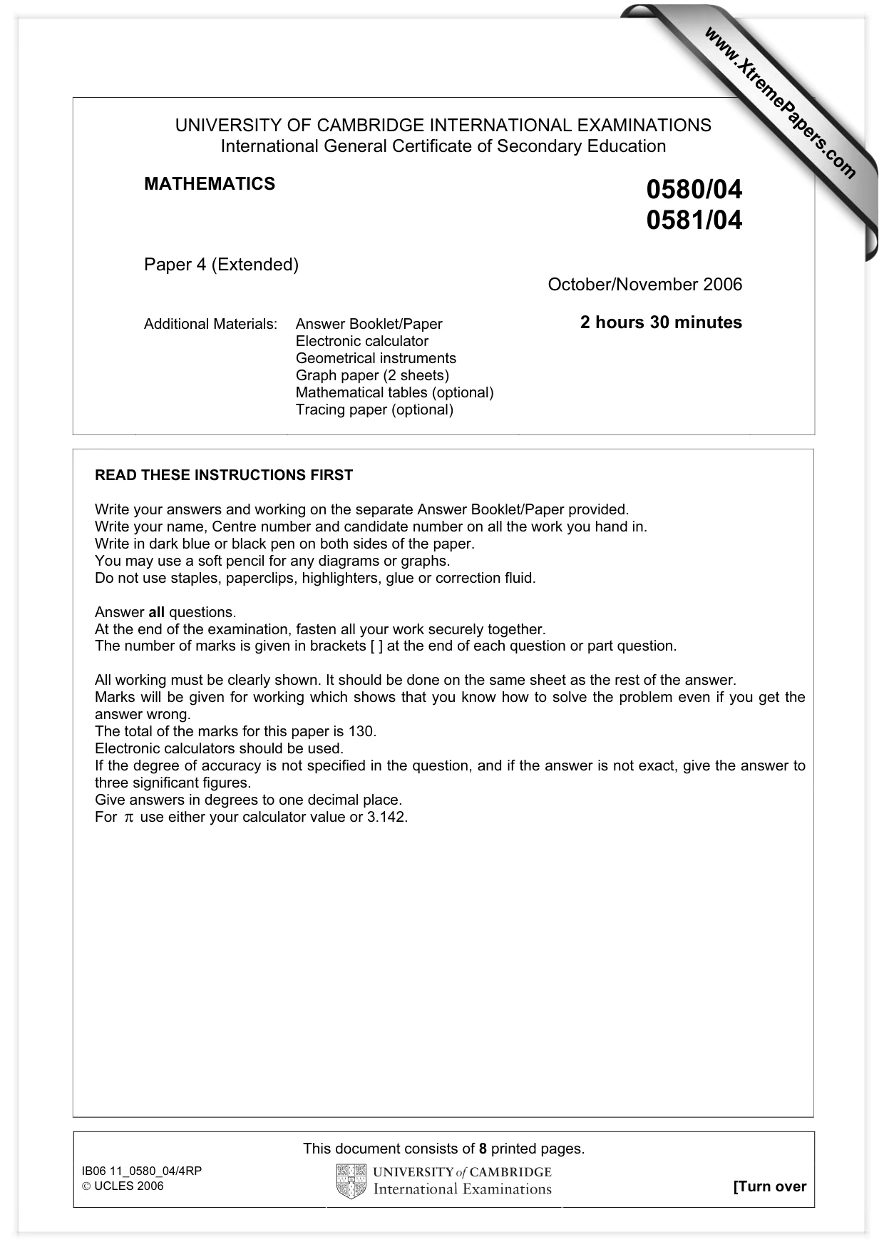 Cambridge IGCSE Mathematics (with coursework) 0581 2006 Oct/Nov Paper 4 · Variant 1 question paper, page 1 of 8