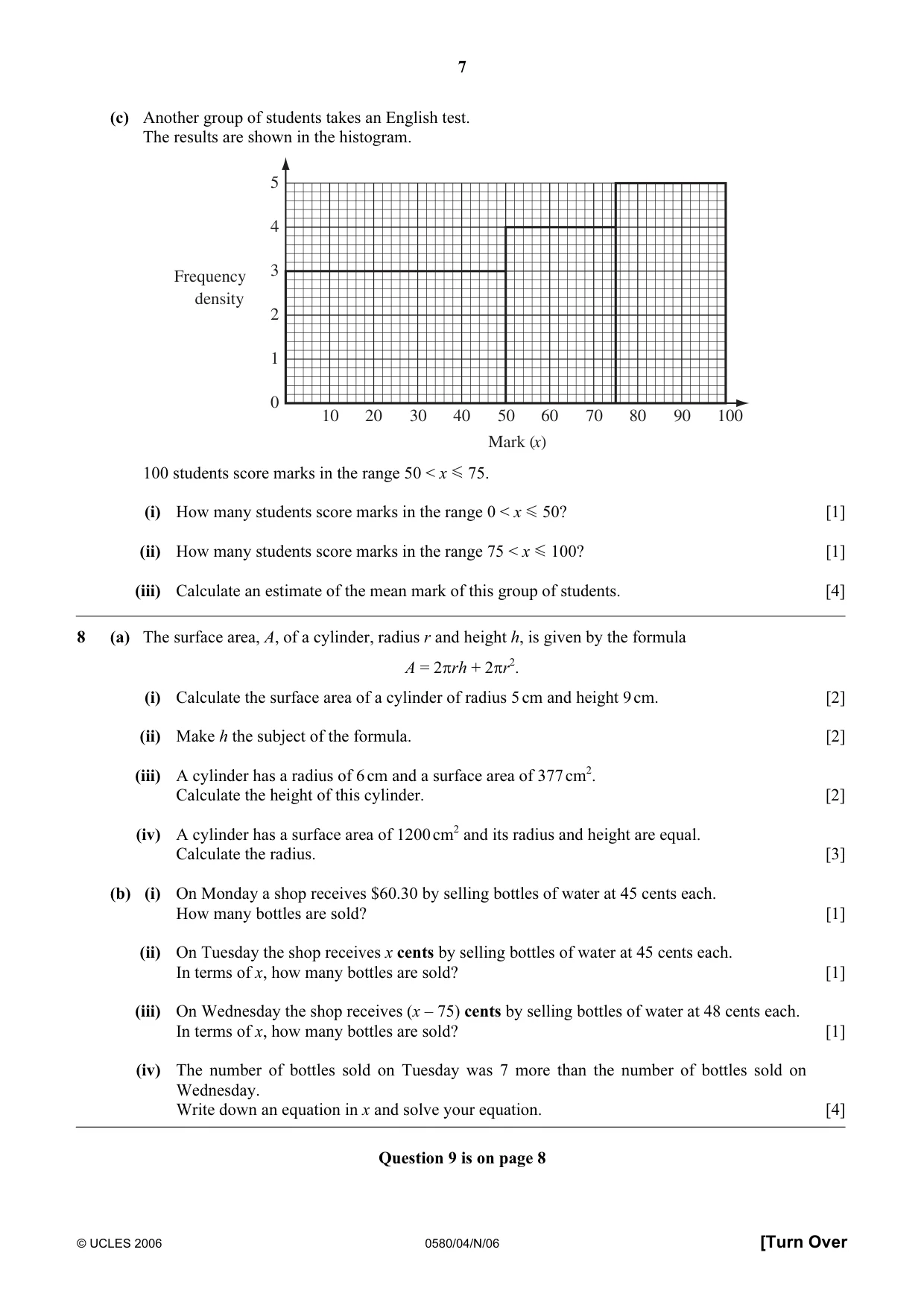 Cambridge IGCSE Mathematics (with coursework) 0581 2006 Oct/Nov Paper 4 · Variant 1 question paper, page 7 of 8