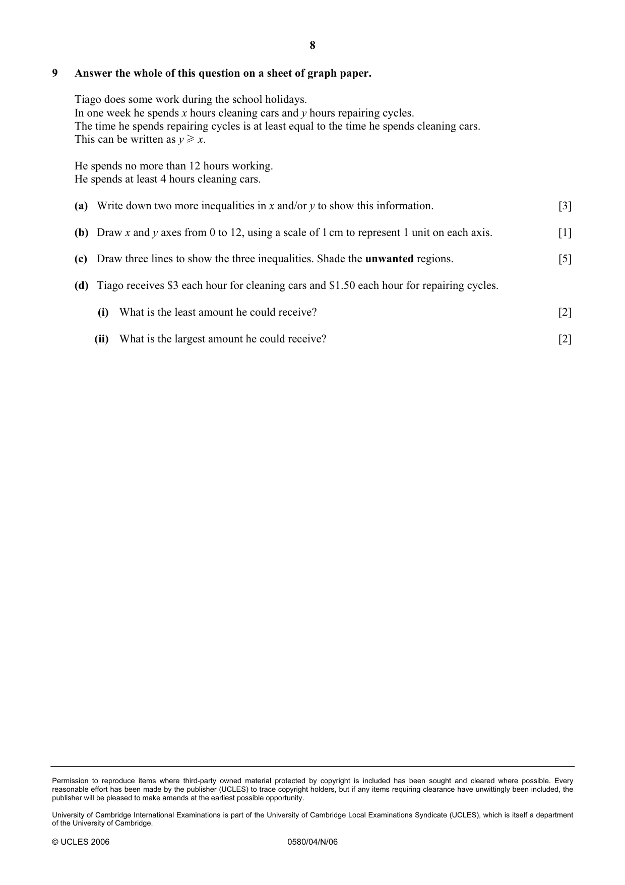 Cambridge IGCSE Mathematics (with coursework) 0581 2006 Oct/Nov Paper 4 · Variant 1 question paper, page 8 of 8