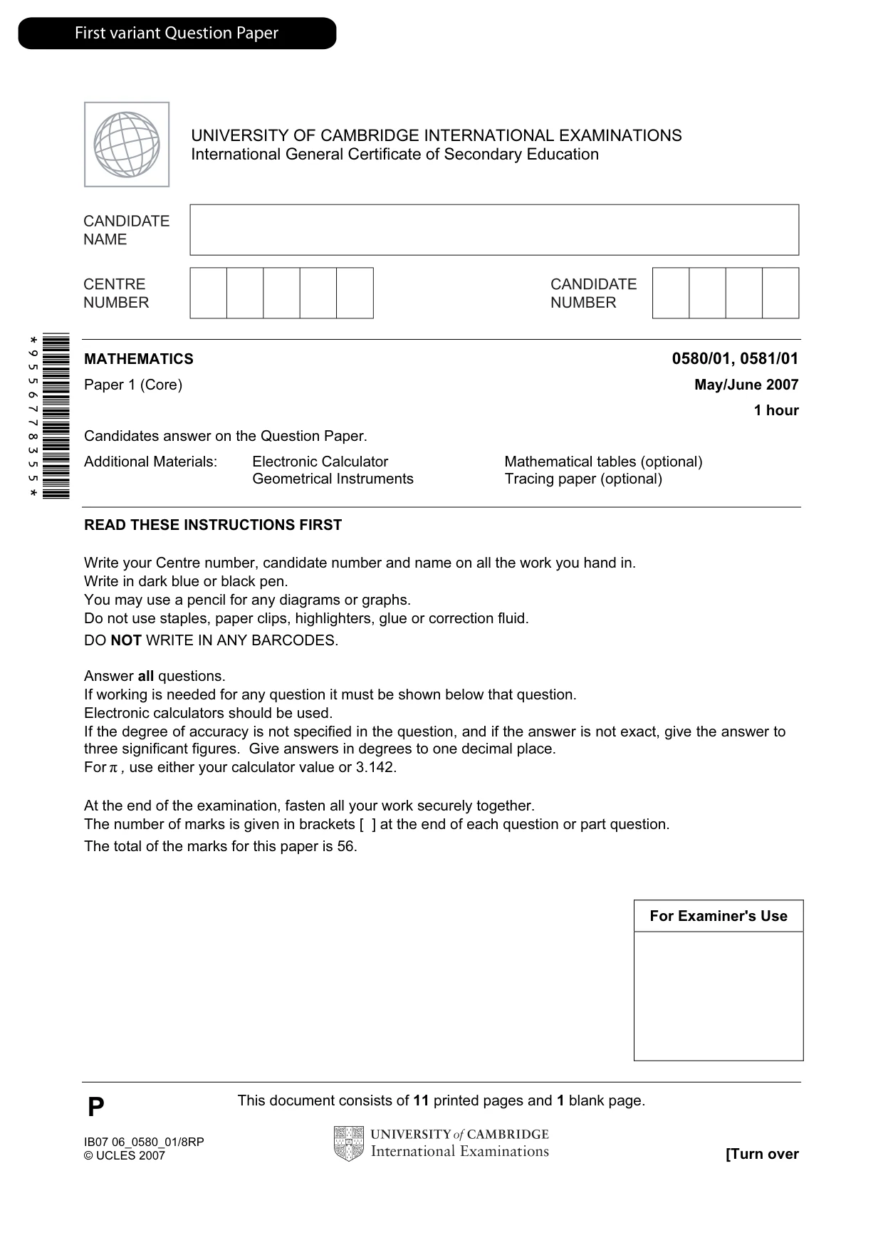 Cambridge IGCSE Mathematics (with coursework) 0581 2007 May/June Paper 1 · Variant 1 question paper, page 2 of 25
