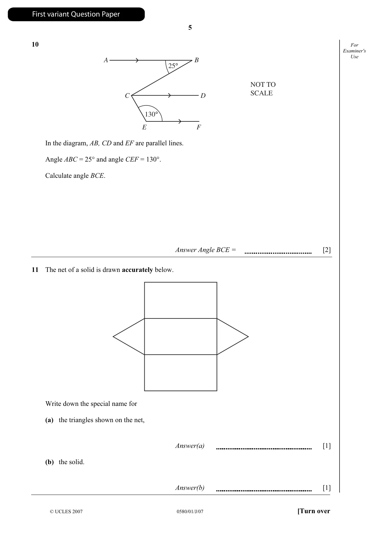 Cambridge IGCSE Mathematics (with coursework) 0581 2007 May/June Paper 1 · Variant 1 question paper, page 6 of 25