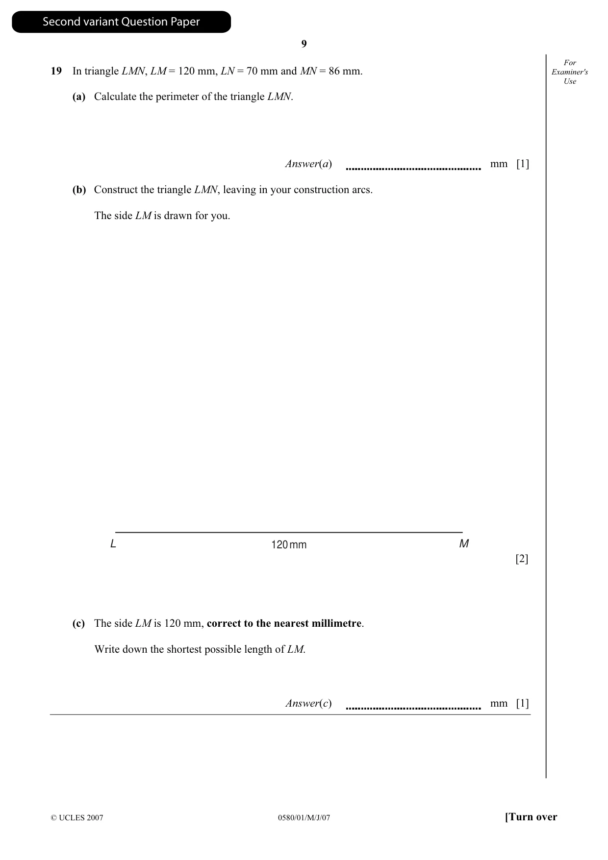 Cambridge IGCSE Mathematics (with coursework) 0581 2007 May/June Paper 1 · Variant 1 question paper, page 22 of 25