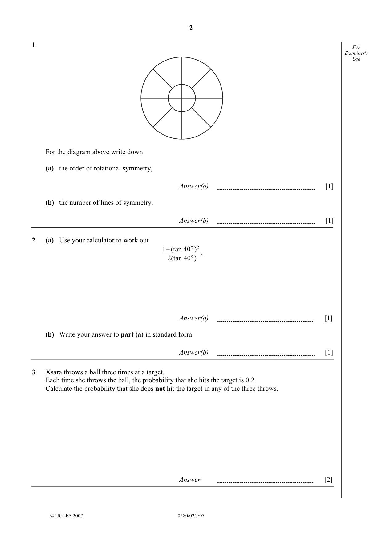 Cambridge IGCSE Mathematics (with coursework) 0581 2007 May/June Paper 2 · Variant 1 question paper, page 2 of 12