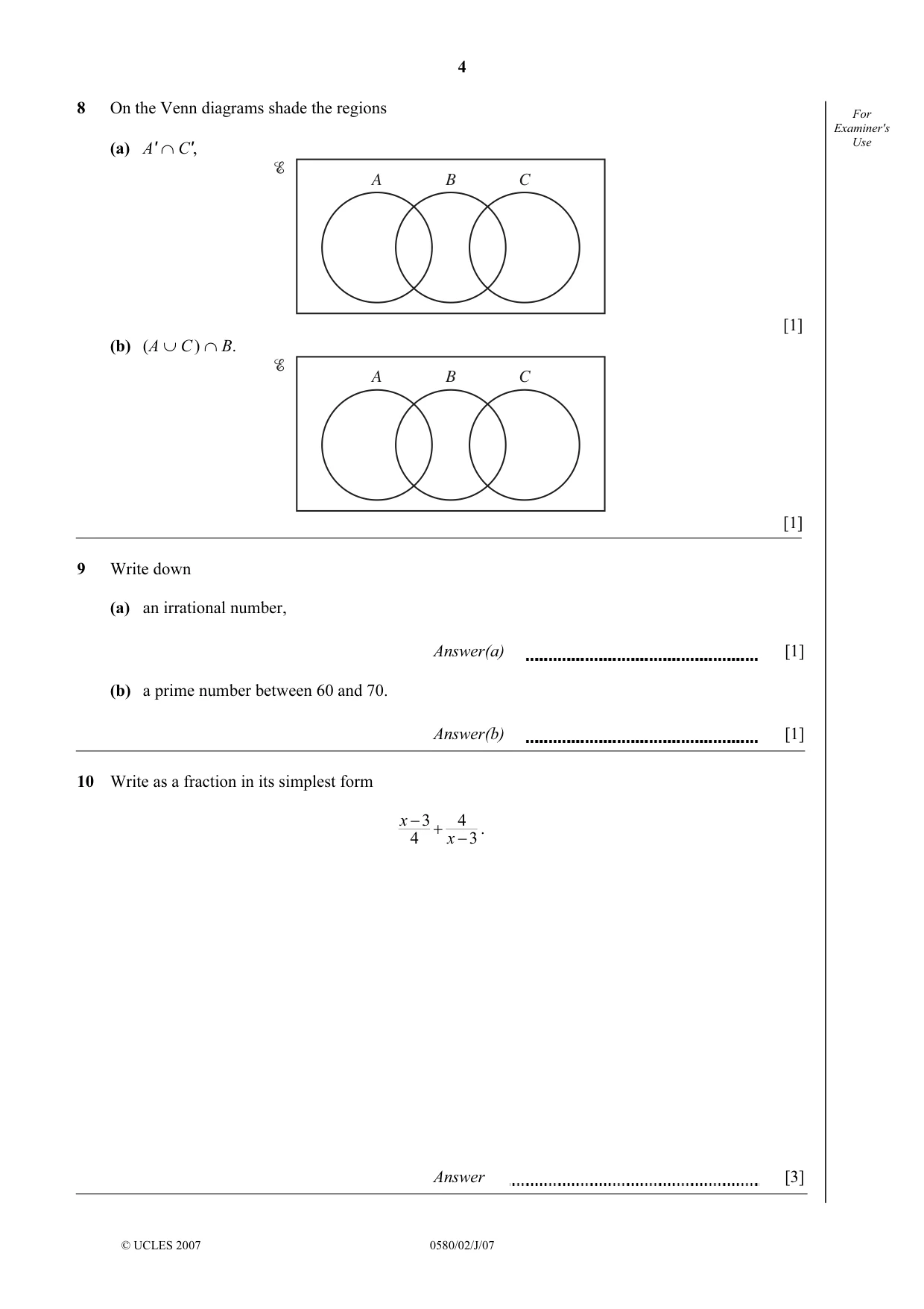 Cambridge IGCSE Mathematics (with coursework) 0581 2007 May/June Paper 2 · Variant 1 question paper, page 4 of 12