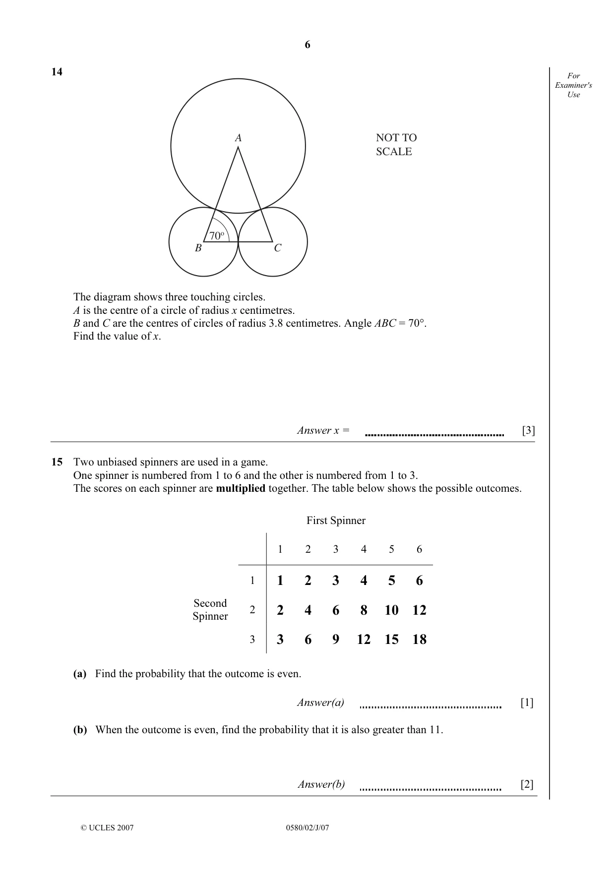 Cambridge IGCSE Mathematics (with coursework) 0581 2007 May/June Paper 2 · Variant 1 question paper, page 6 of 12