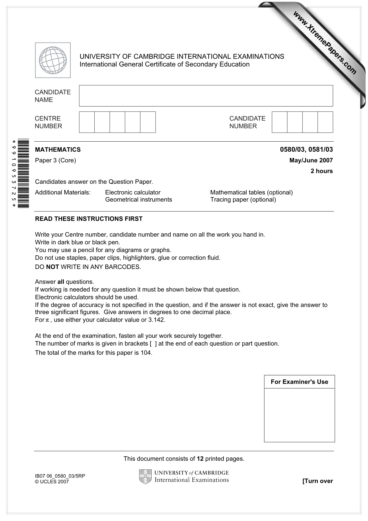 Cambridge IGCSE Mathematics (with coursework) 0581 2007 May/June Paper 3 · Variant 1 question paper, page 1 of 12
