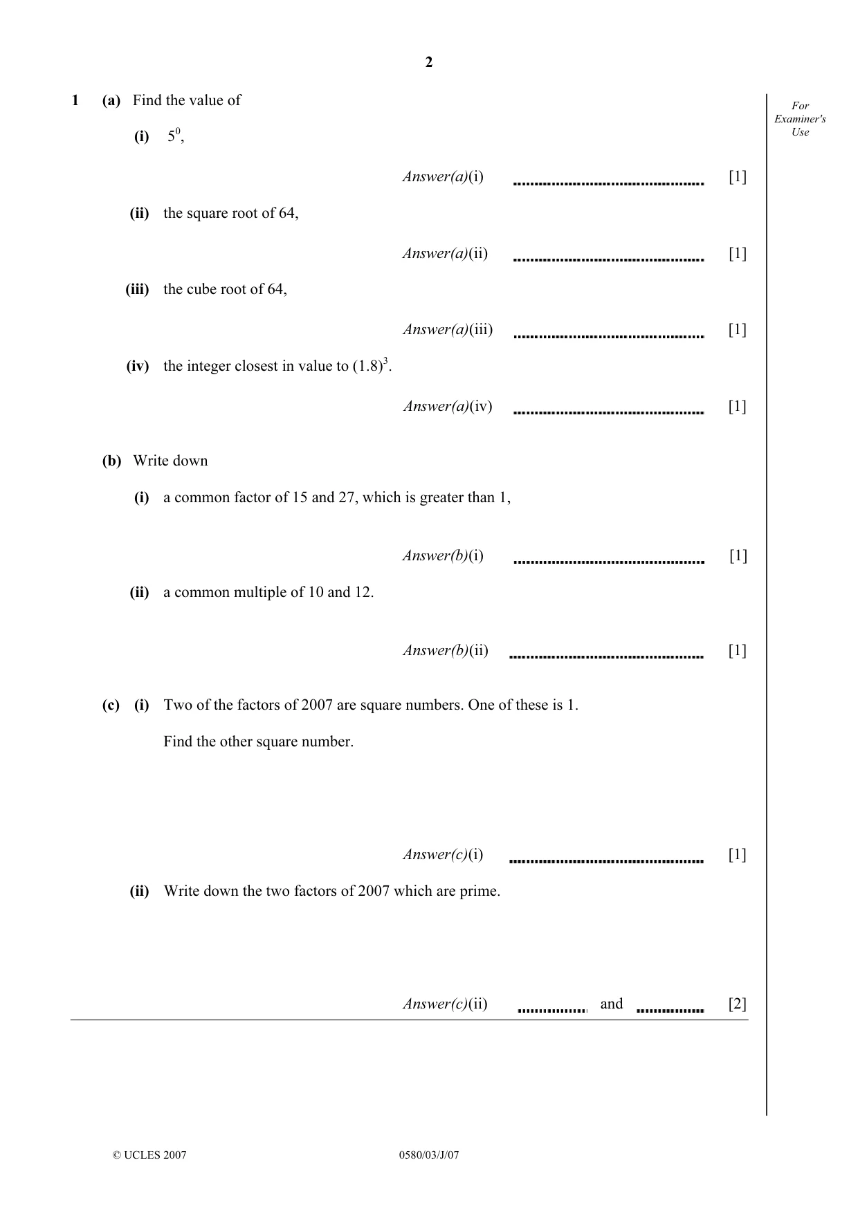 Cambridge IGCSE Mathematics (with coursework) 0581 2007 May/June Paper 3 · Variant 1 question paper, page 2 of 12