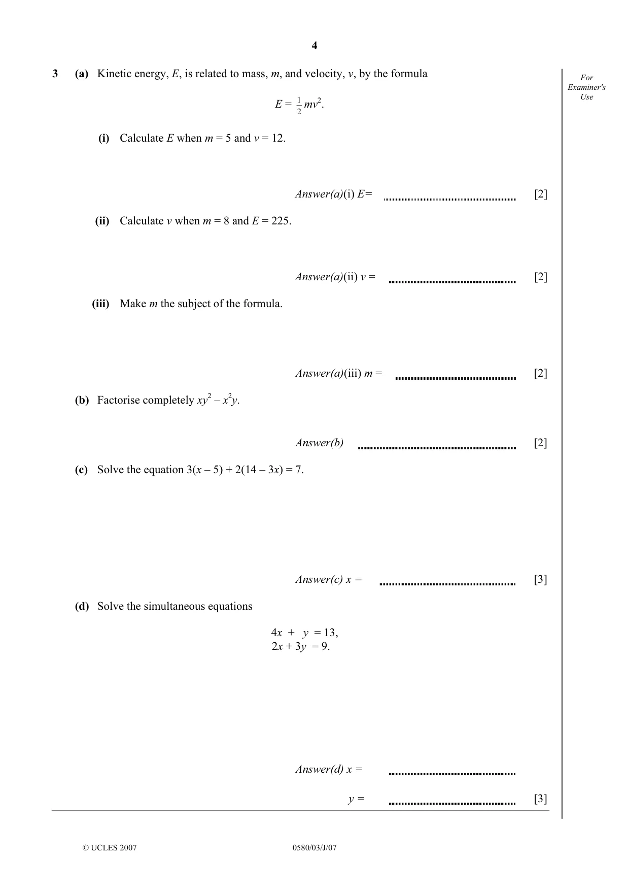 Cambridge IGCSE Mathematics (with coursework) 0581 2007 May/June Paper 3 · Variant 1 question paper, page 4 of 12