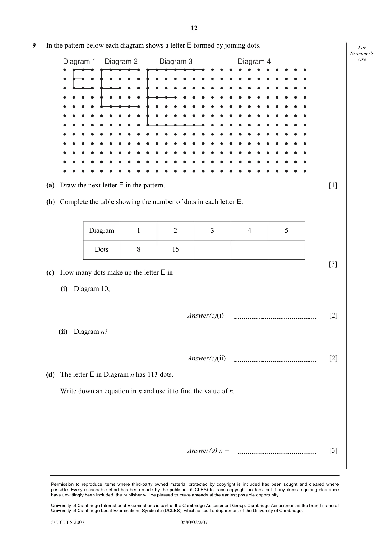 Cambridge IGCSE Mathematics (with coursework) 0581 2007 May/June Paper 3 · Variant 1 question paper, page 12 of 12