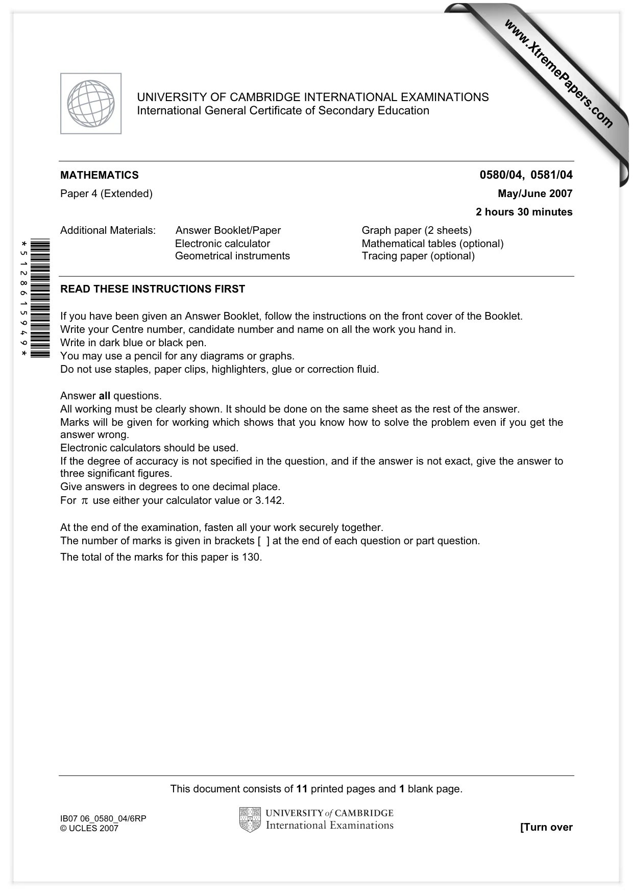 Cambridge IGCSE Mathematics (with coursework) 0581 2007 May/June Paper 4 · Variant 1 question paper, page 1 of 12