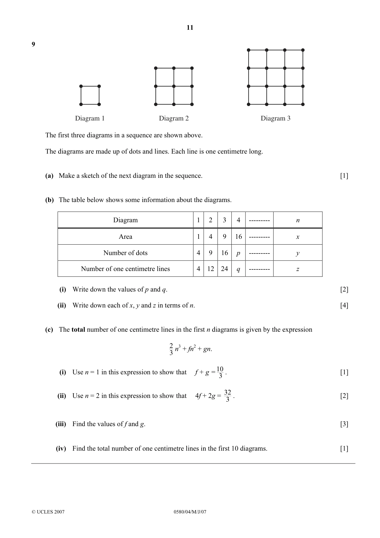Cambridge IGCSE Mathematics (with coursework) 0581 2007 May/June Paper 4 · Variant 1 question paper, page 11 of 12