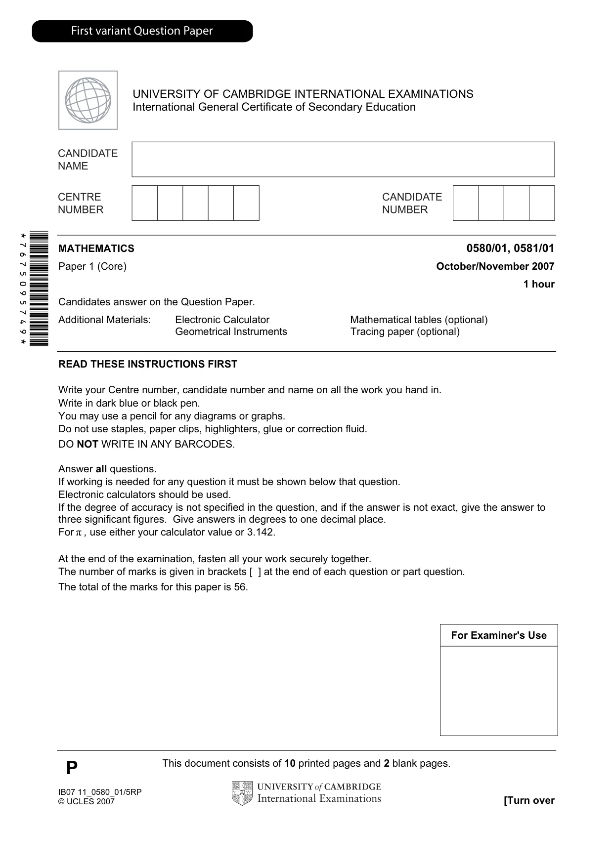 Cambridge IGCSE Mathematics (with coursework) 0581 2007 Oct/Nov Paper 1 · Variant 1 question paper, page 2 of 25