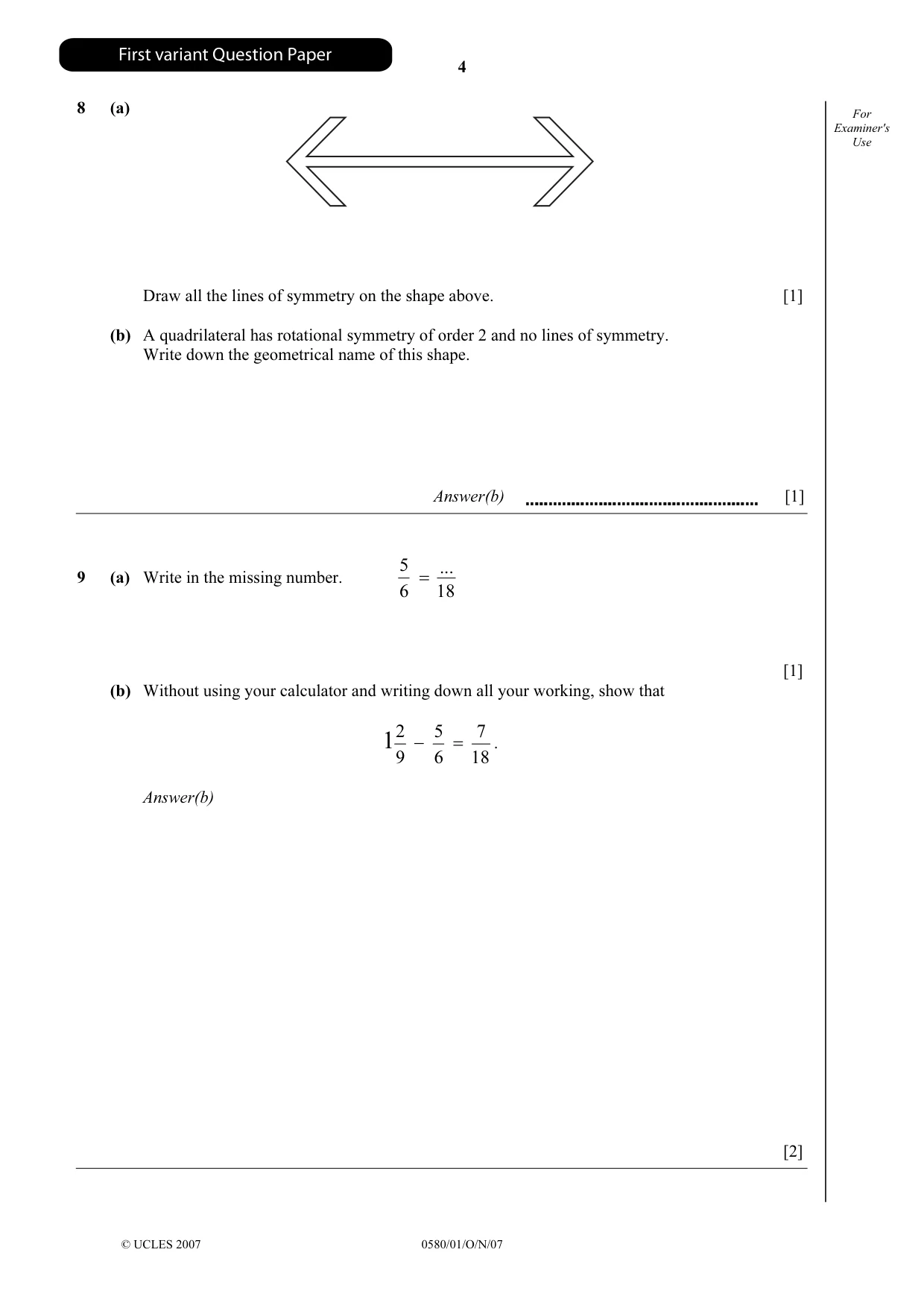 Cambridge IGCSE Mathematics (with coursework) 0581 2007 Oct/Nov Paper 1 · Variant 1 question paper, page 5 of 25