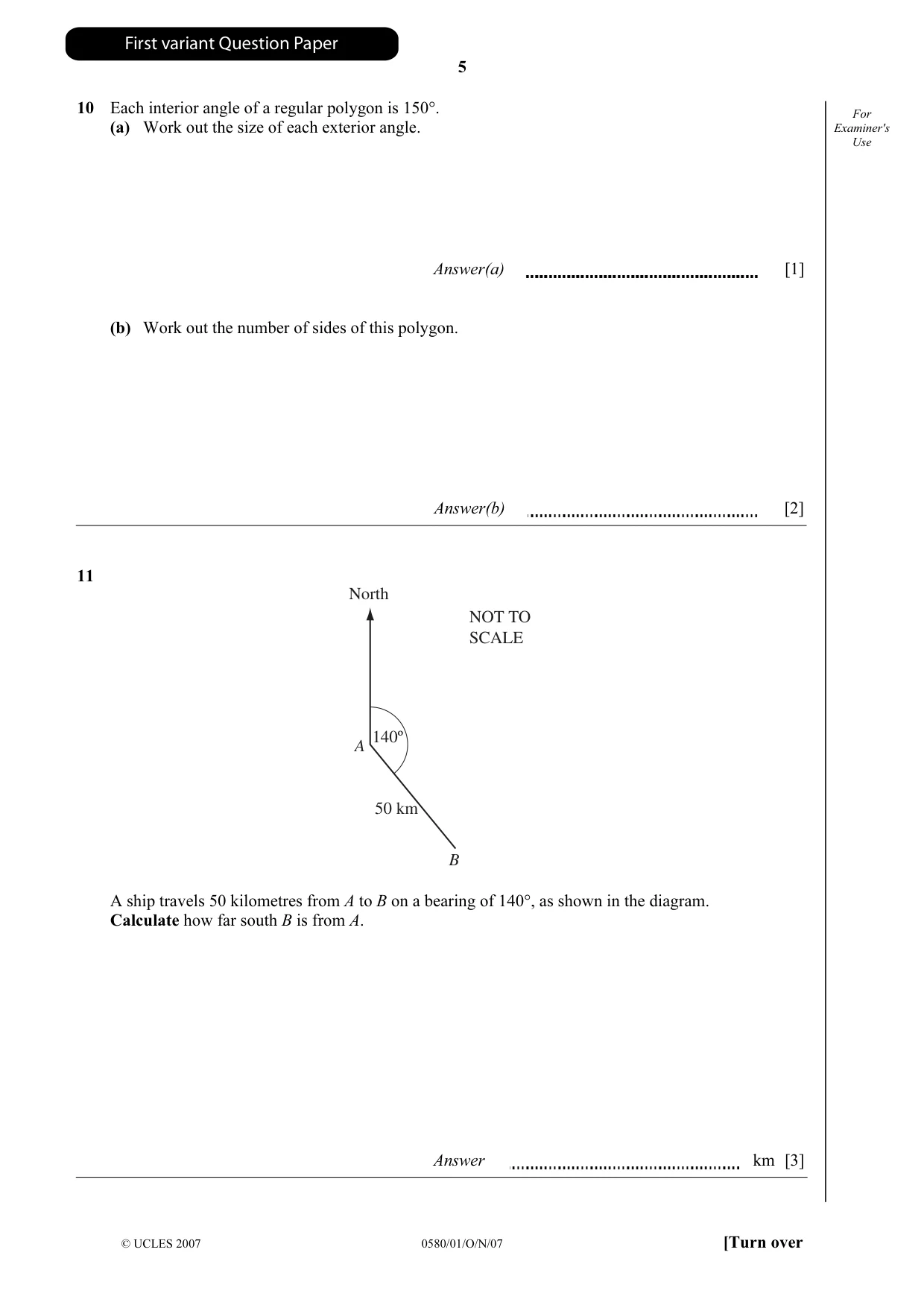 Cambridge IGCSE Mathematics (with coursework) 0581 2007 Oct/Nov Paper 1 · Variant 1 question paper, page 6 of 25