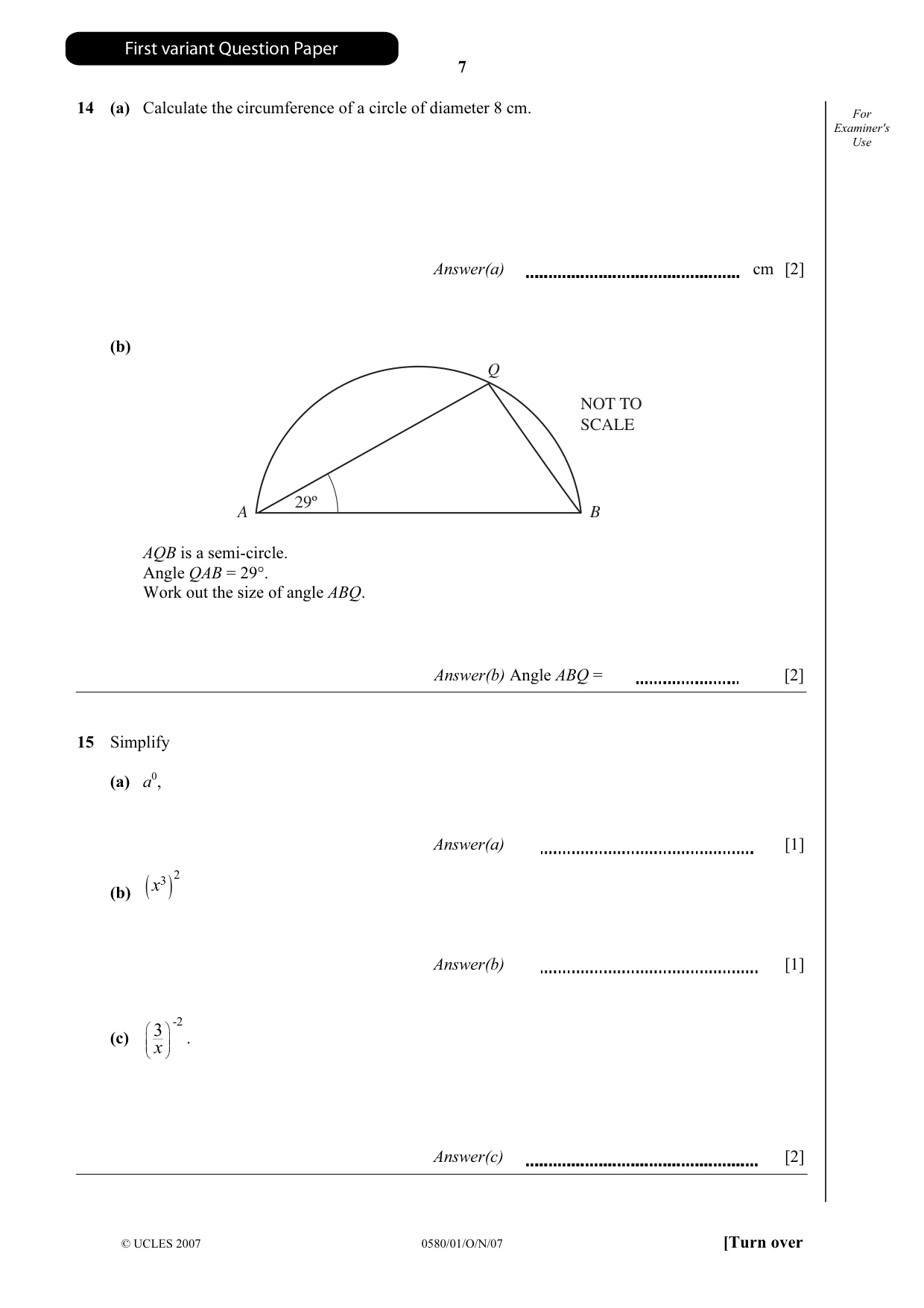 Cambridge IGCSE Mathematics (with coursework) 0581 2007 Oct/Nov Paper 1 · Variant 1 question paper, page 8 of 25