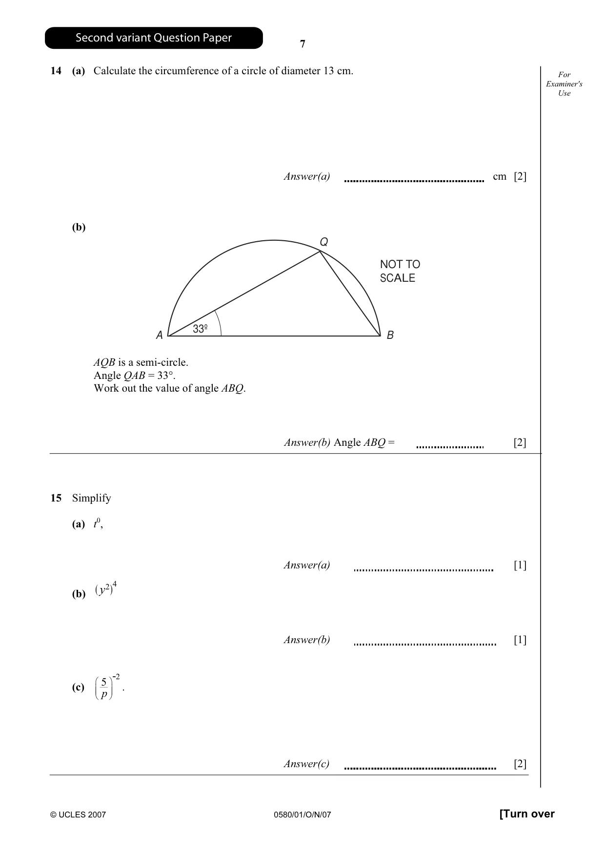 Cambridge IGCSE Mathematics (with coursework) 0581 2007 Oct/Nov Paper 1 · Variant 1 question paper, page 20 of 25