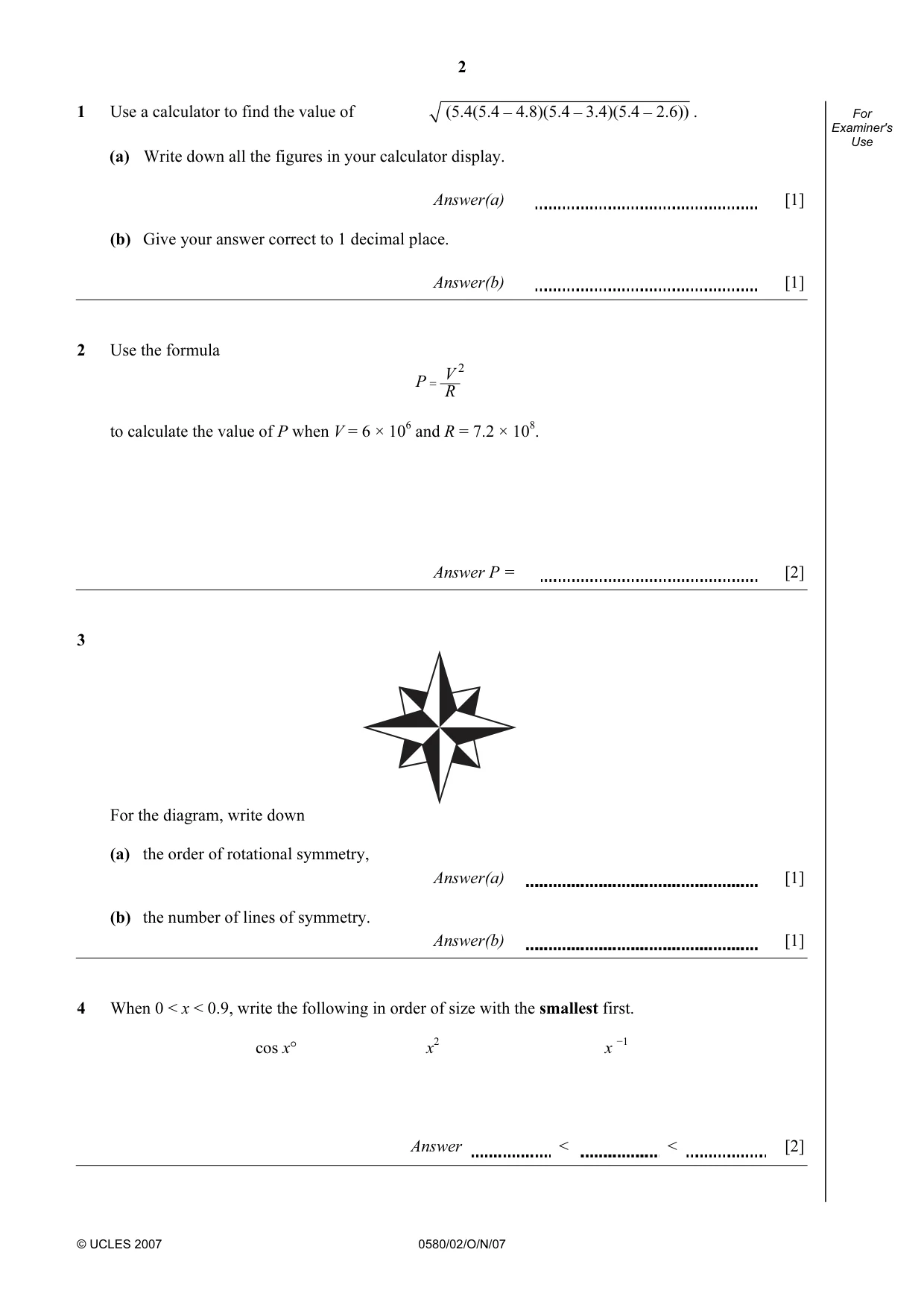 Cambridge IGCSE Mathematics (with coursework) 0581 2007 Oct/Nov Paper 2 · Variant 1 question paper, page 2 of 12