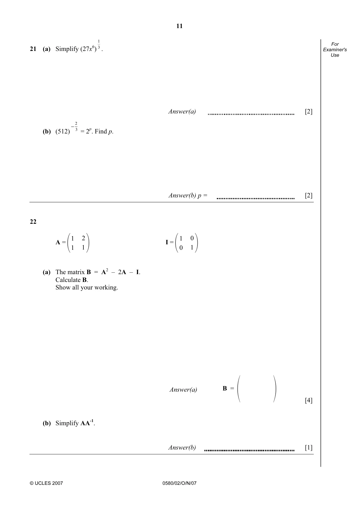 Cambridge IGCSE Mathematics (with coursework) 0581 2007 Oct/Nov Paper 2 · Variant 1 question paper, page 11 of 12