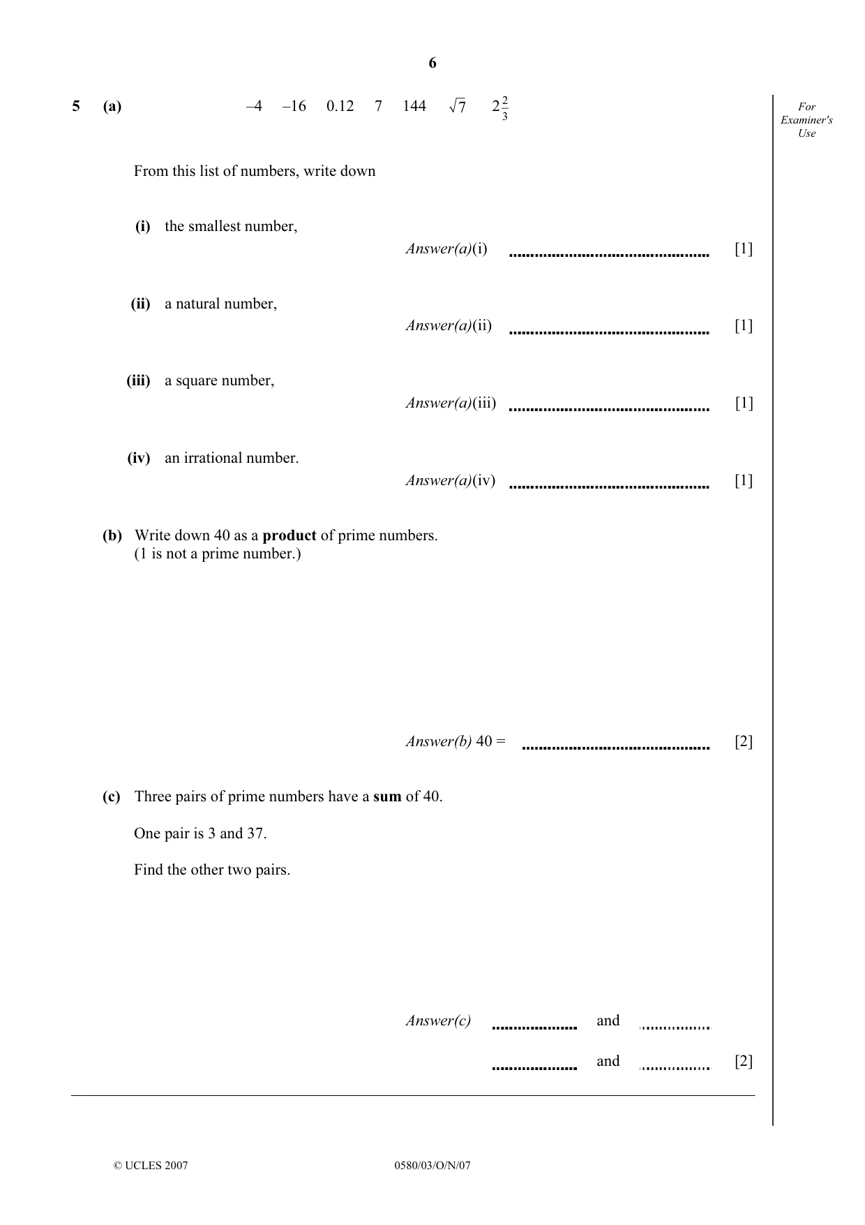 Cambridge IGCSE Mathematics (with coursework) 0581 2007 Oct/Nov Paper 3 · Variant 1 question paper, page 6 of 12
