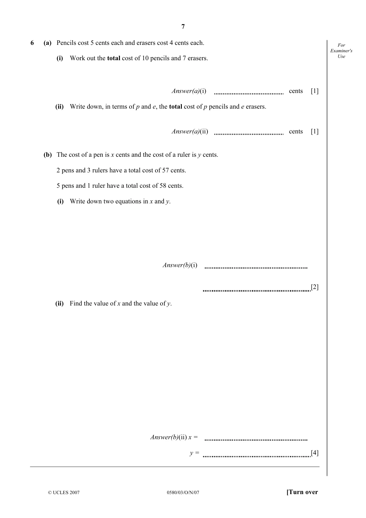 Cambridge IGCSE Mathematics (with coursework) 0581 2007 Oct/Nov Paper 3 · Variant 1 question paper, page 7 of 12