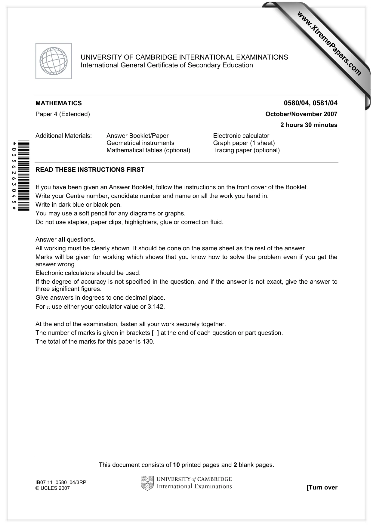 Cambridge IGCSE Mathematics (with coursework) 0581 2007 Oct/Nov Paper 4 · Variant 1 question paper, page 1 of 12