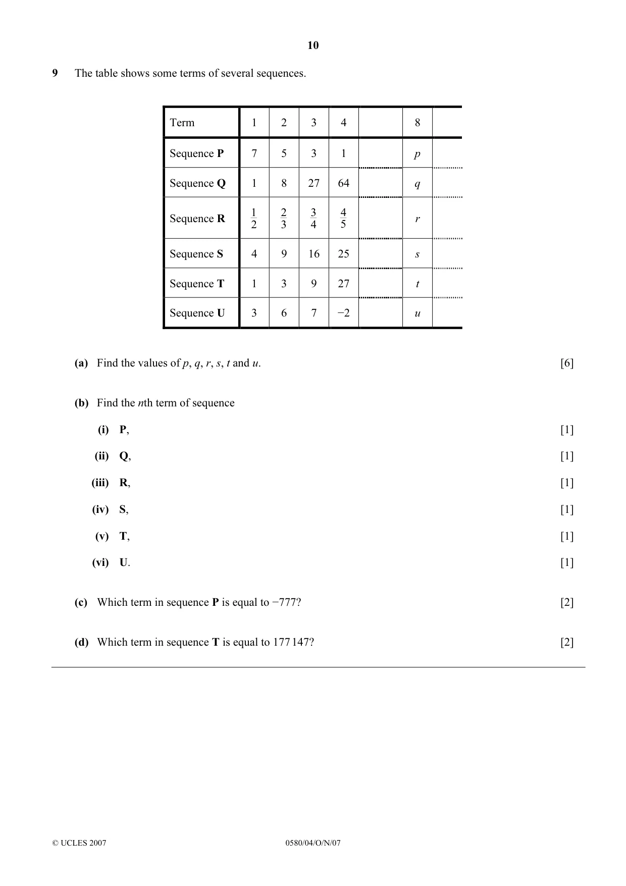 Cambridge IGCSE Mathematics (with coursework) 0581 2007 Oct/Nov Paper 4 · Variant 1 question paper, page 10 of 12