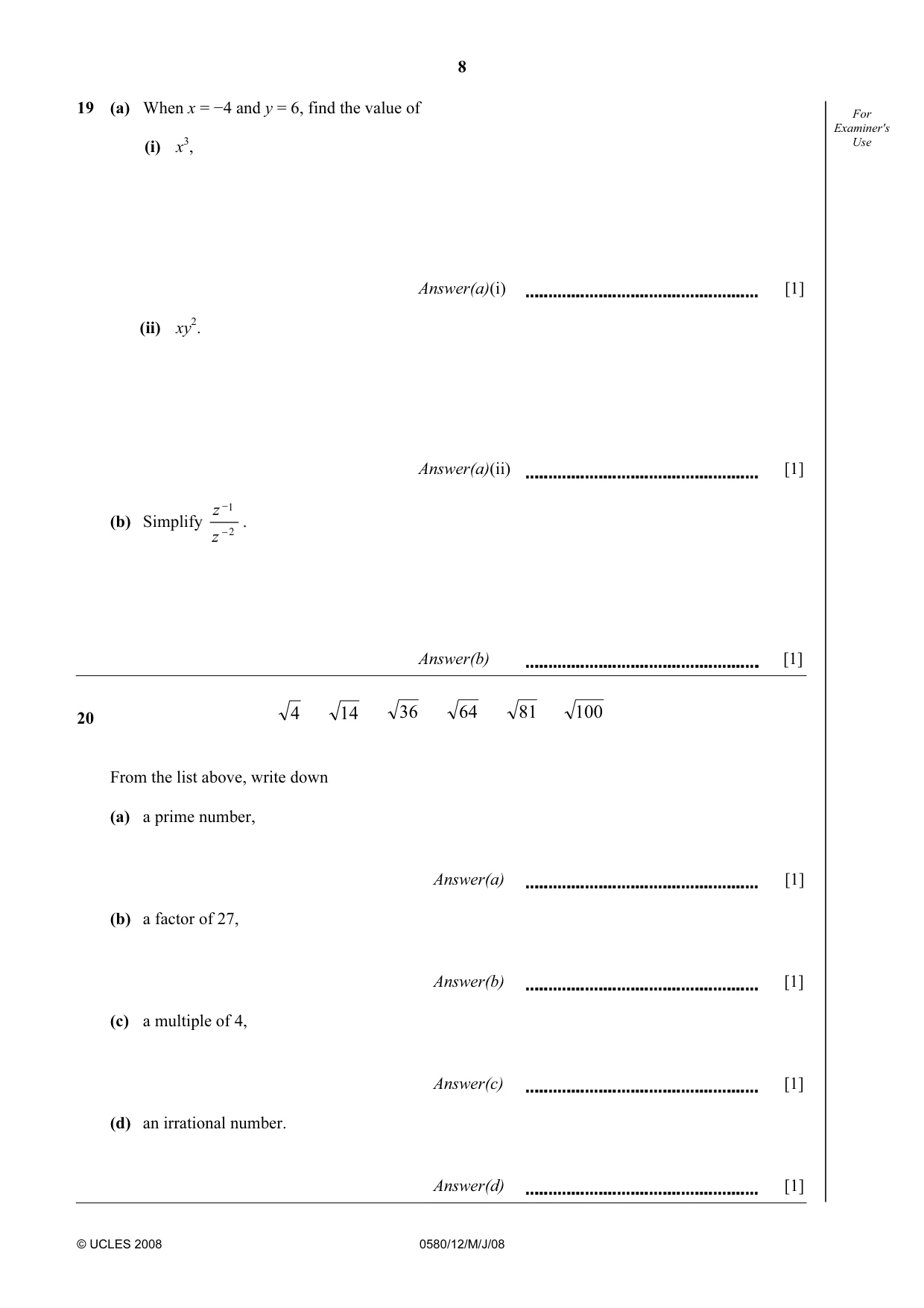 Cambridge IGCSE Mathematics (with coursework) 0581 2008 May/June Paper 1 · Variant 1 question paper, page 21 of 25