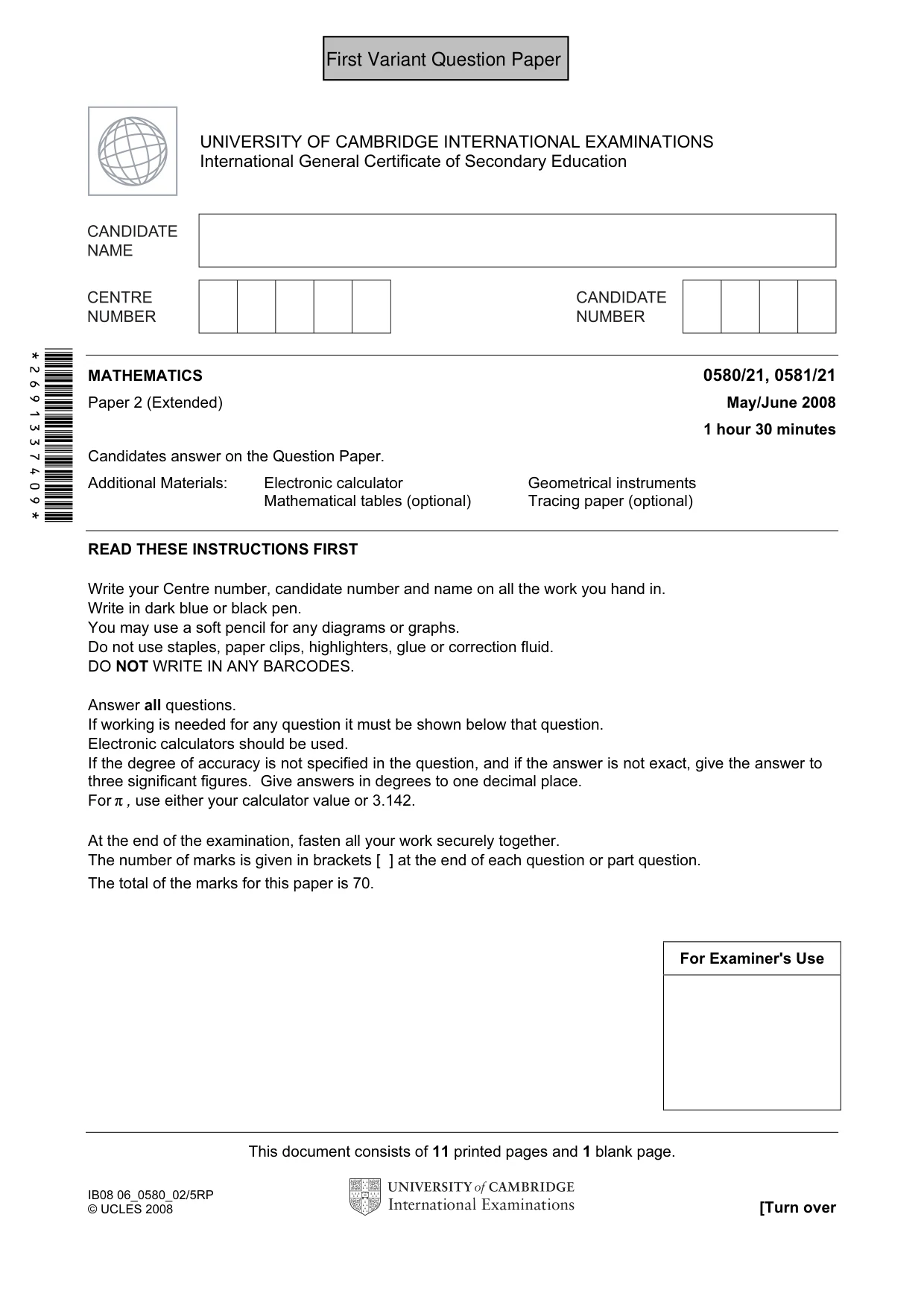 Cambridge IGCSE Mathematics (with coursework) 0581 2008 May/June Paper 2 · Variant 1 question paper, page 2 of 25