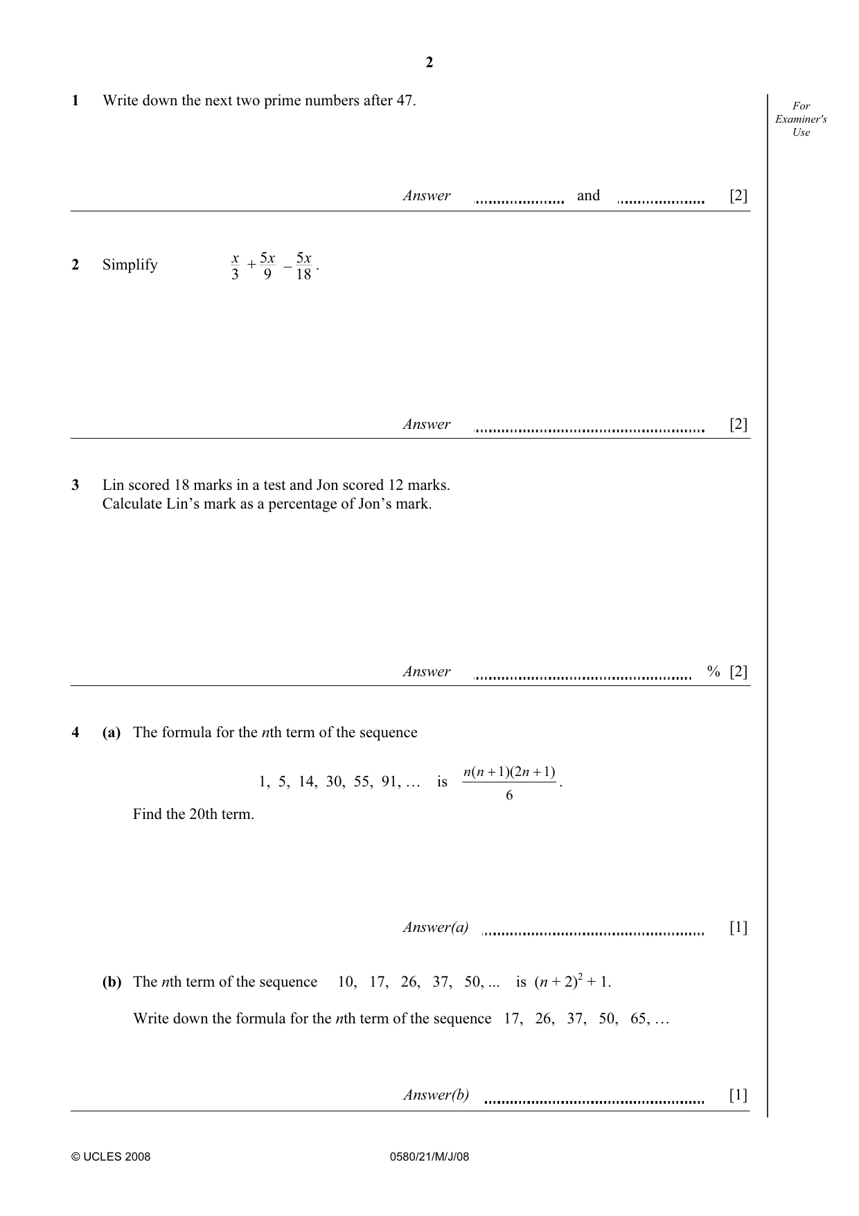 Cambridge IGCSE Mathematics (with coursework) 0581 2008 May/June Paper 2 · Variant 1 question paper, page 3 of 25