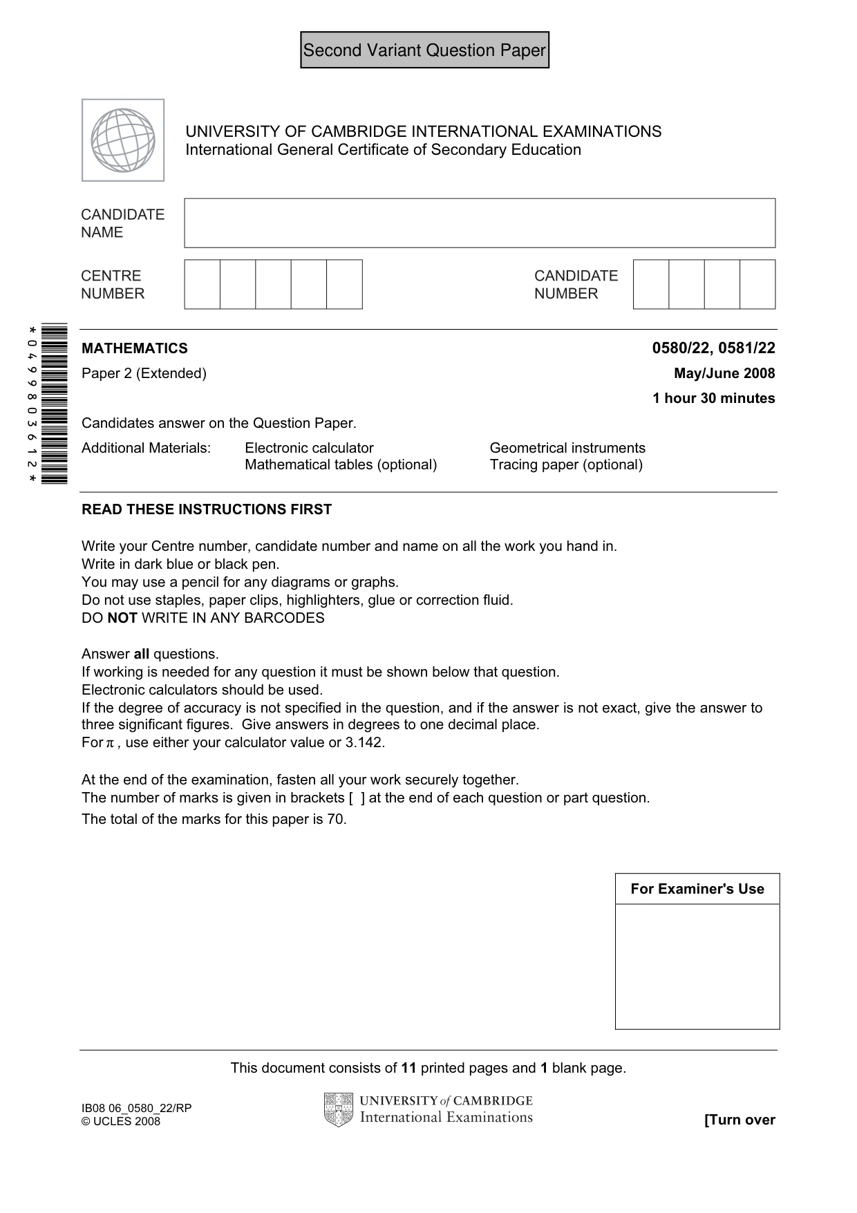 Cambridge IGCSE Mathematics (with coursework) 0581 2008 May/June Paper 2 · Variant 1 question paper, page 14 of 25