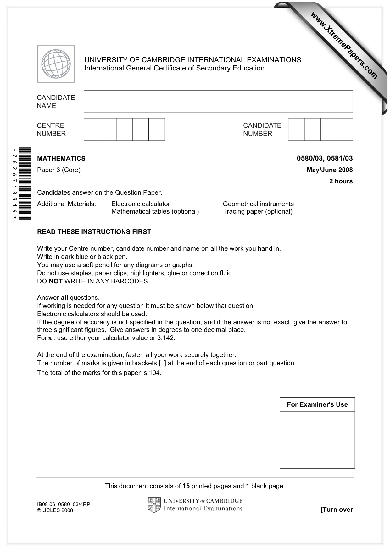Cambridge IGCSE Mathematics (with coursework) 0581 2008 May/June Paper 3 · Variant 1 question paper, page 1 of 16