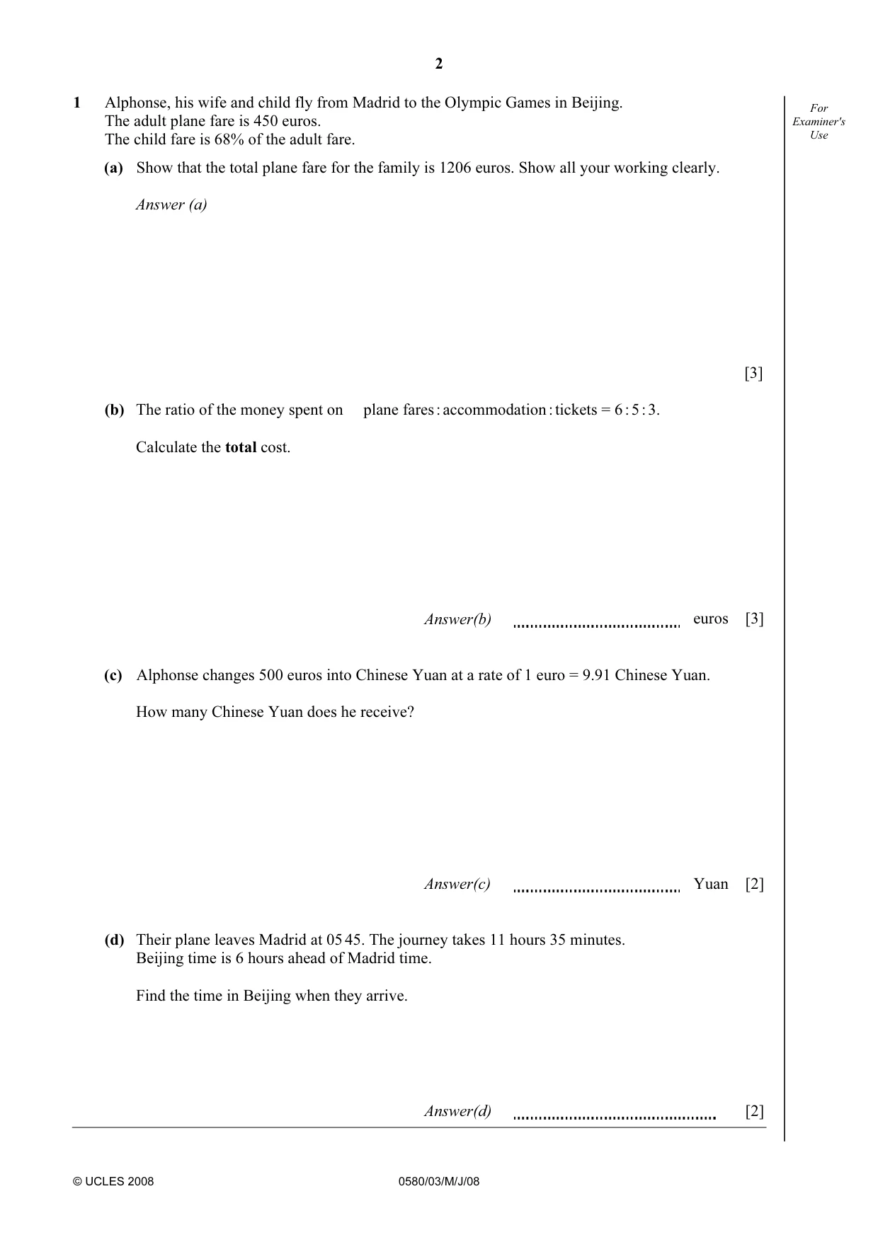 Cambridge IGCSE Mathematics (with coursework) 0581 2008 May/June Paper 3 · Variant 1 question paper, page 2 of 16
