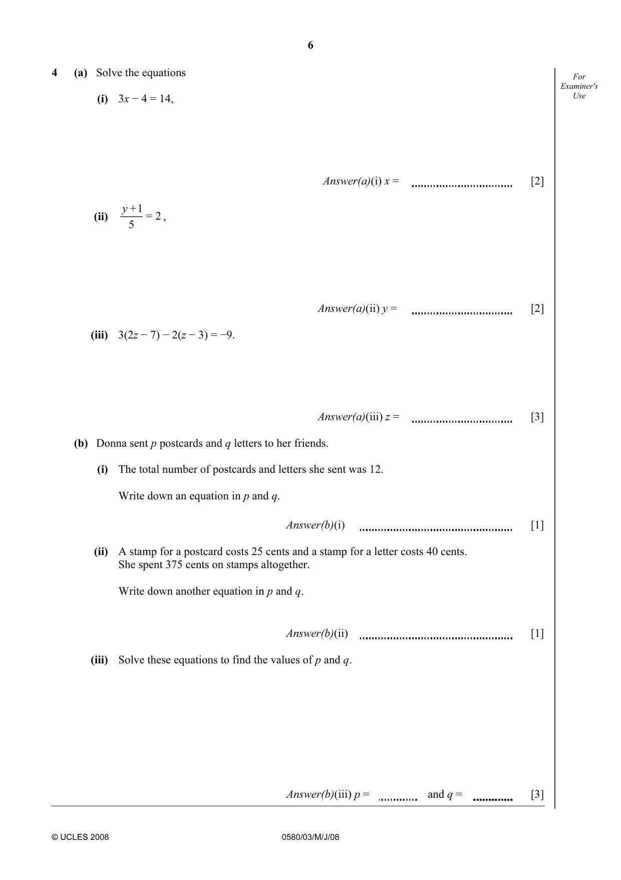 Cambridge IGCSE Mathematics (with coursework) 0581 2008 May/June Paper 3 · Variant 1 question paper, page 6 of 16
