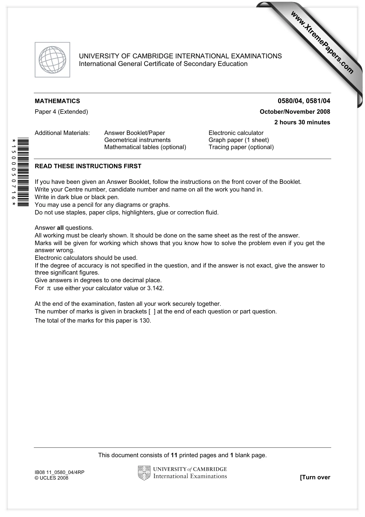 Cambridge IGCSE Mathematics (with coursework) 0581 2008 Oct/Nov Paper 4 · Variant 0 question paper, page 1 of 12