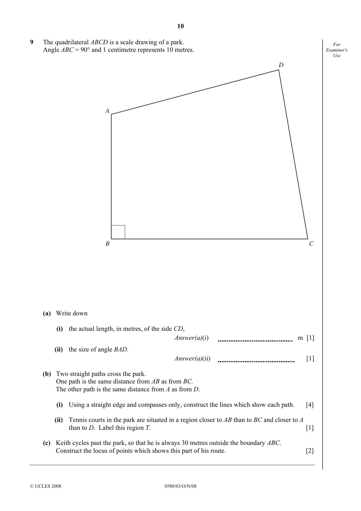 Cambridge IGCSE Mathematics (with coursework) 0581 2008 Oct/Nov Paper 3 · Variant 1 question paper, page 10 of 12
