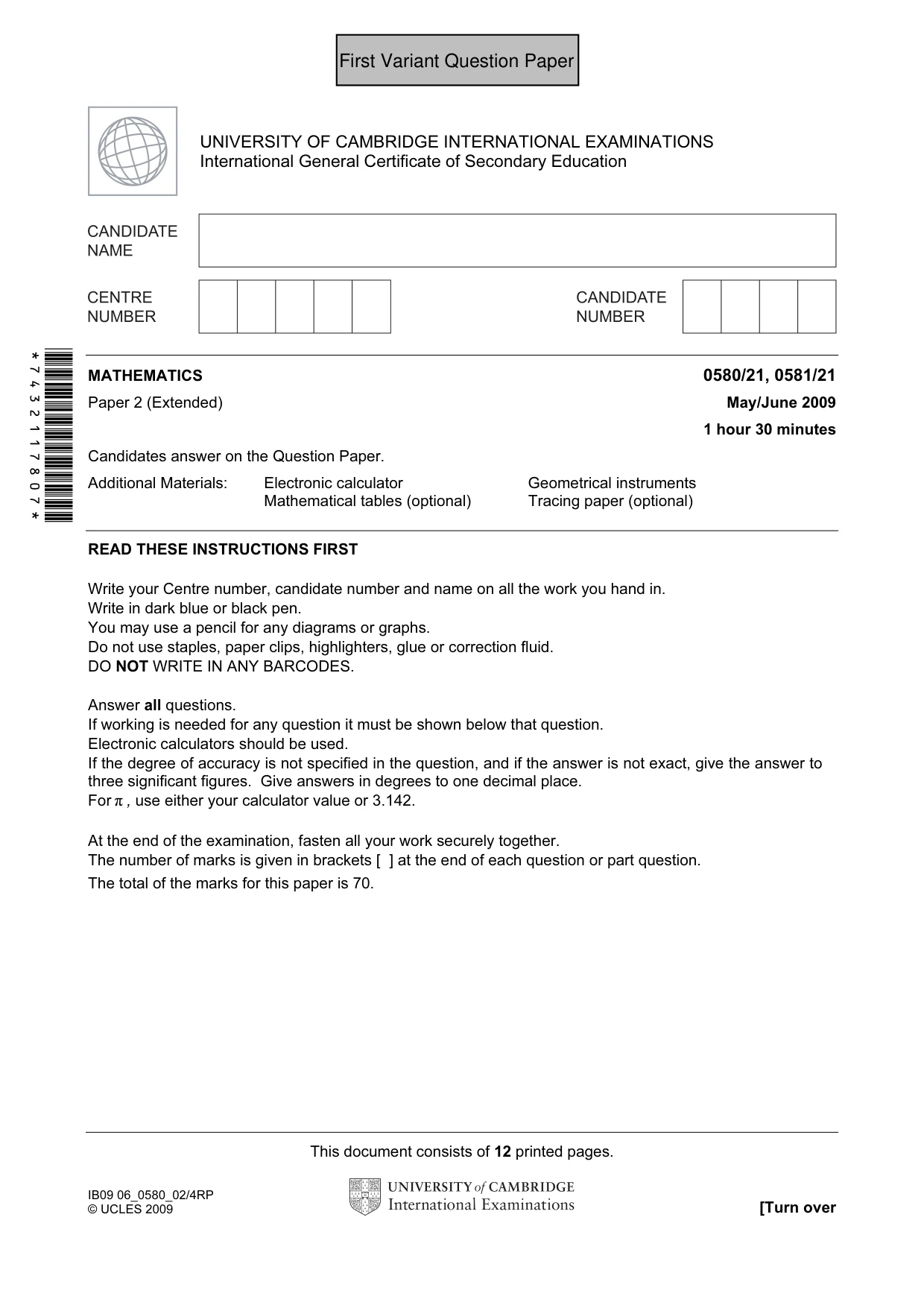 Cambridge IGCSE Mathematics (with coursework) 0581 2009 May/June Paper 2 · Variant 1 question paper, page 2 of 25