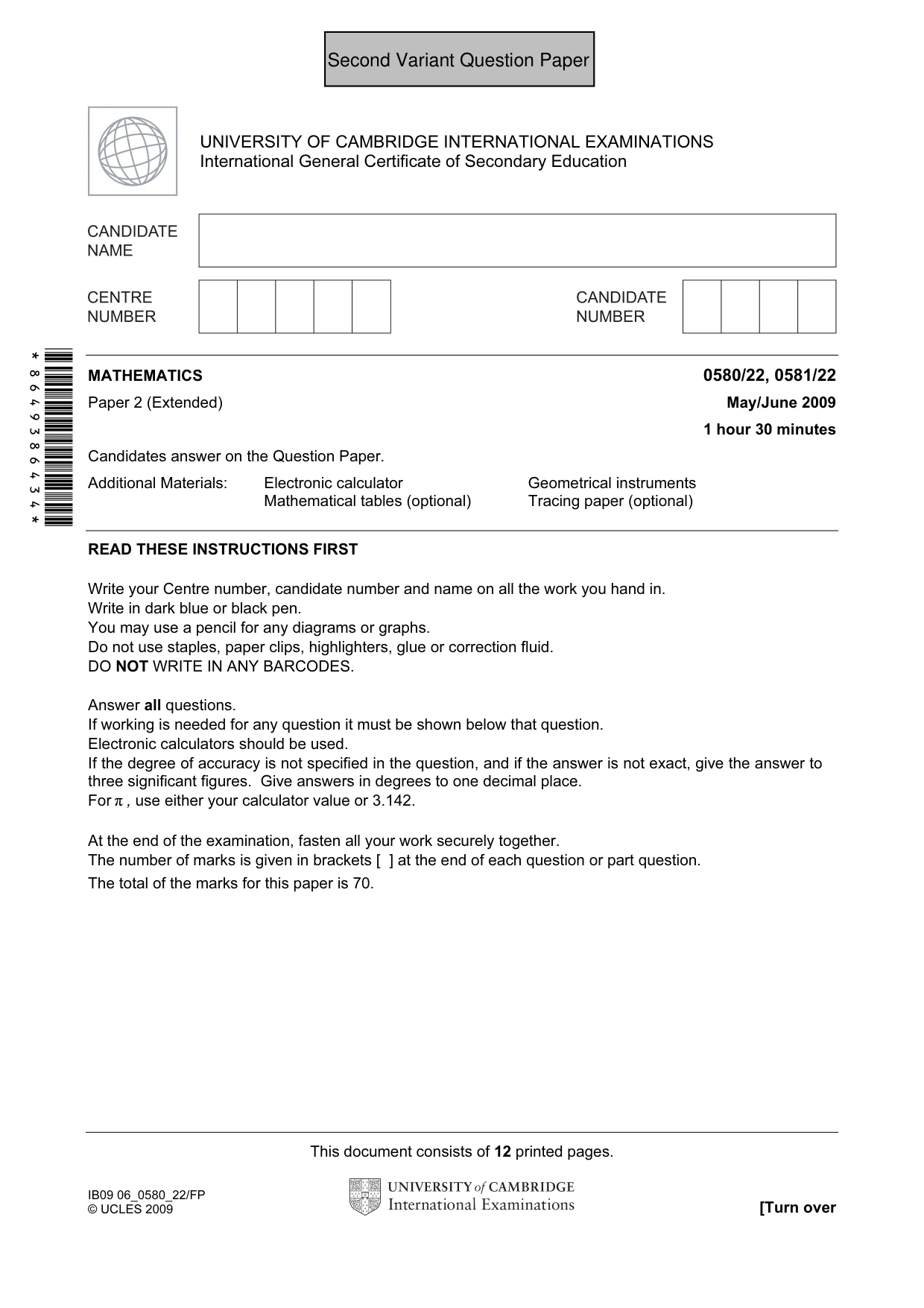 Cambridge IGCSE Mathematics (with coursework) 0581 2009 May/June Paper 2 · Variant 1 question paper, page 14 of 25